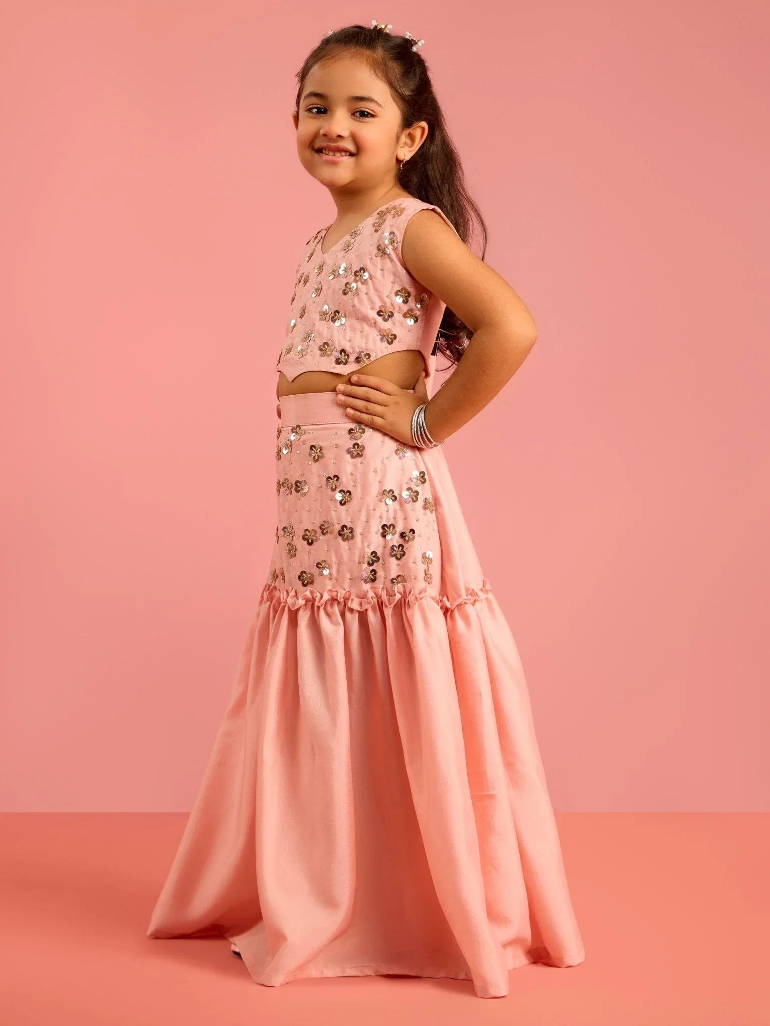 Girls Peach Silk Blend Embroidered Lehenga Choli Set