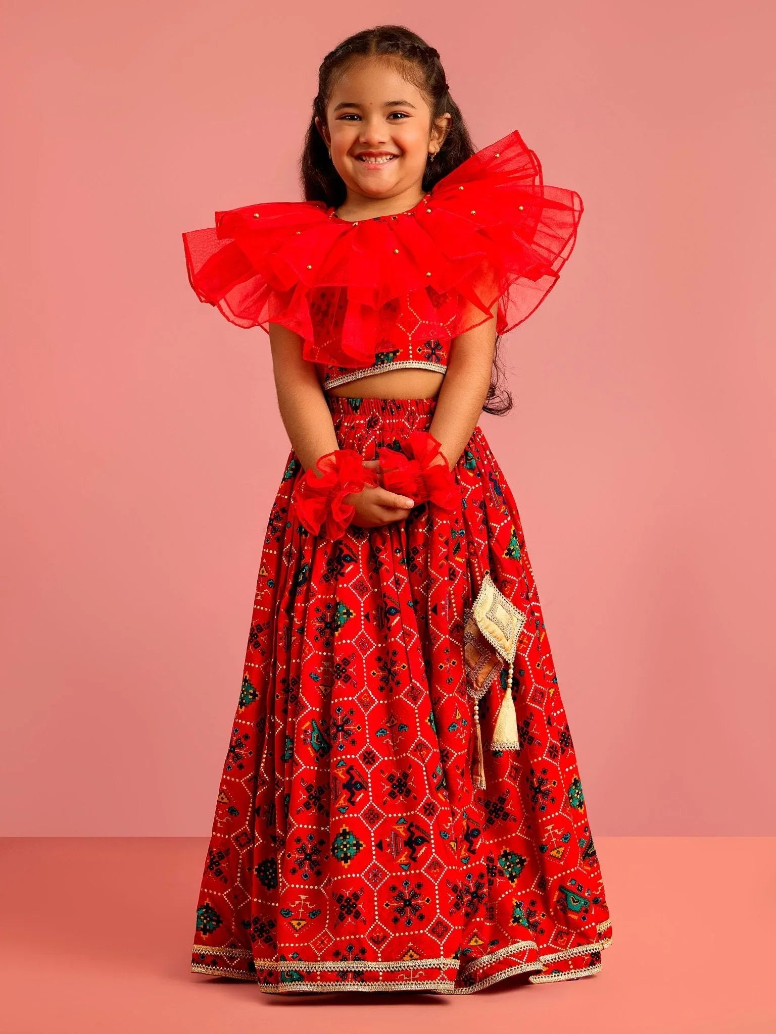 Girls Red Patola Print Rayon Lehenga Choli Set with Accessories & Ruffled Hand Gloves