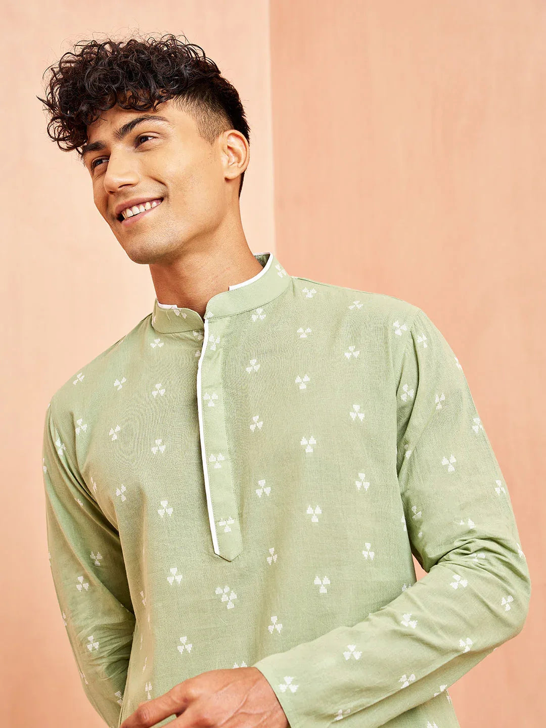 Men's Green Geometric Booti Jacquard Kurta