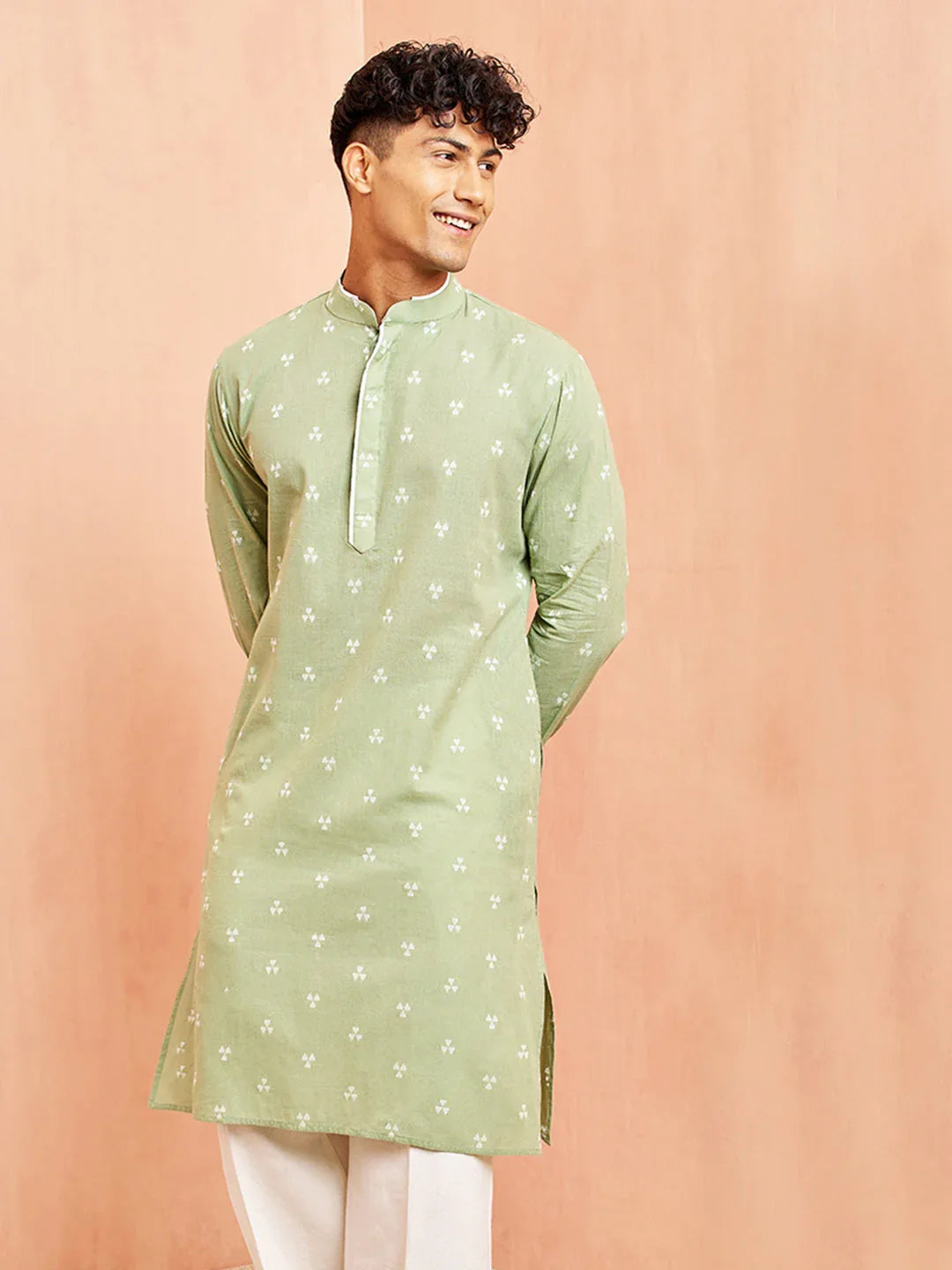 Men's Green Geometric Booti Jacquard Kurta