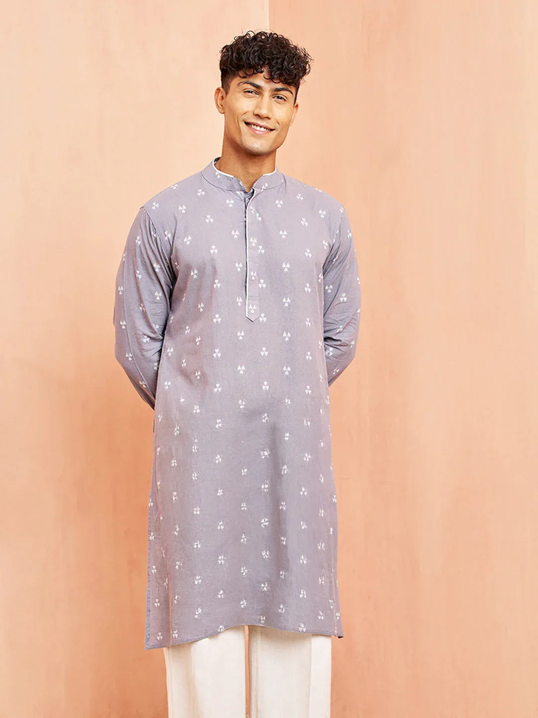 Men's Grey Geometric Booti Jacquard Kurta