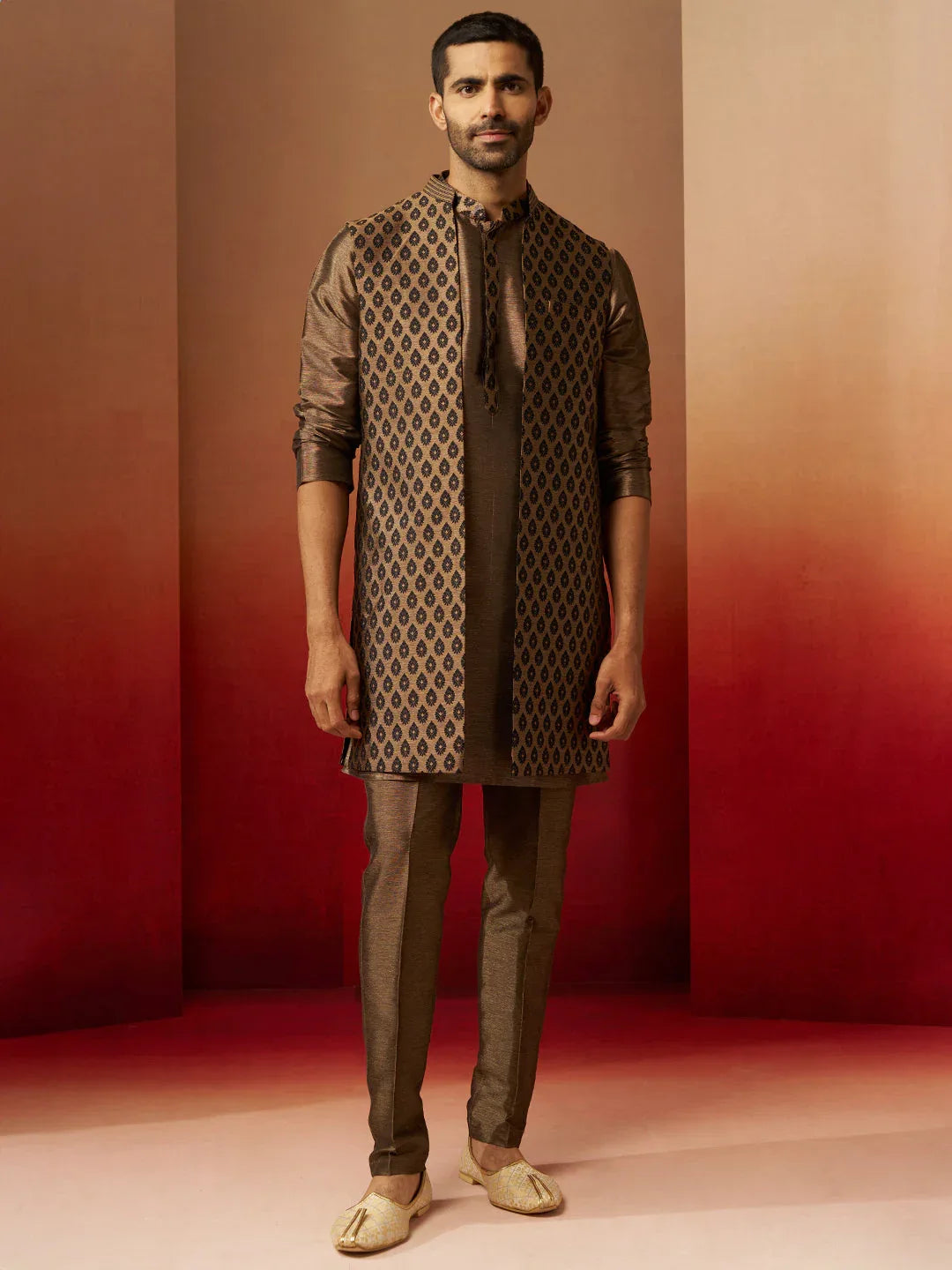 Men Bronze Black Silk 3-Piece Jacquard Set