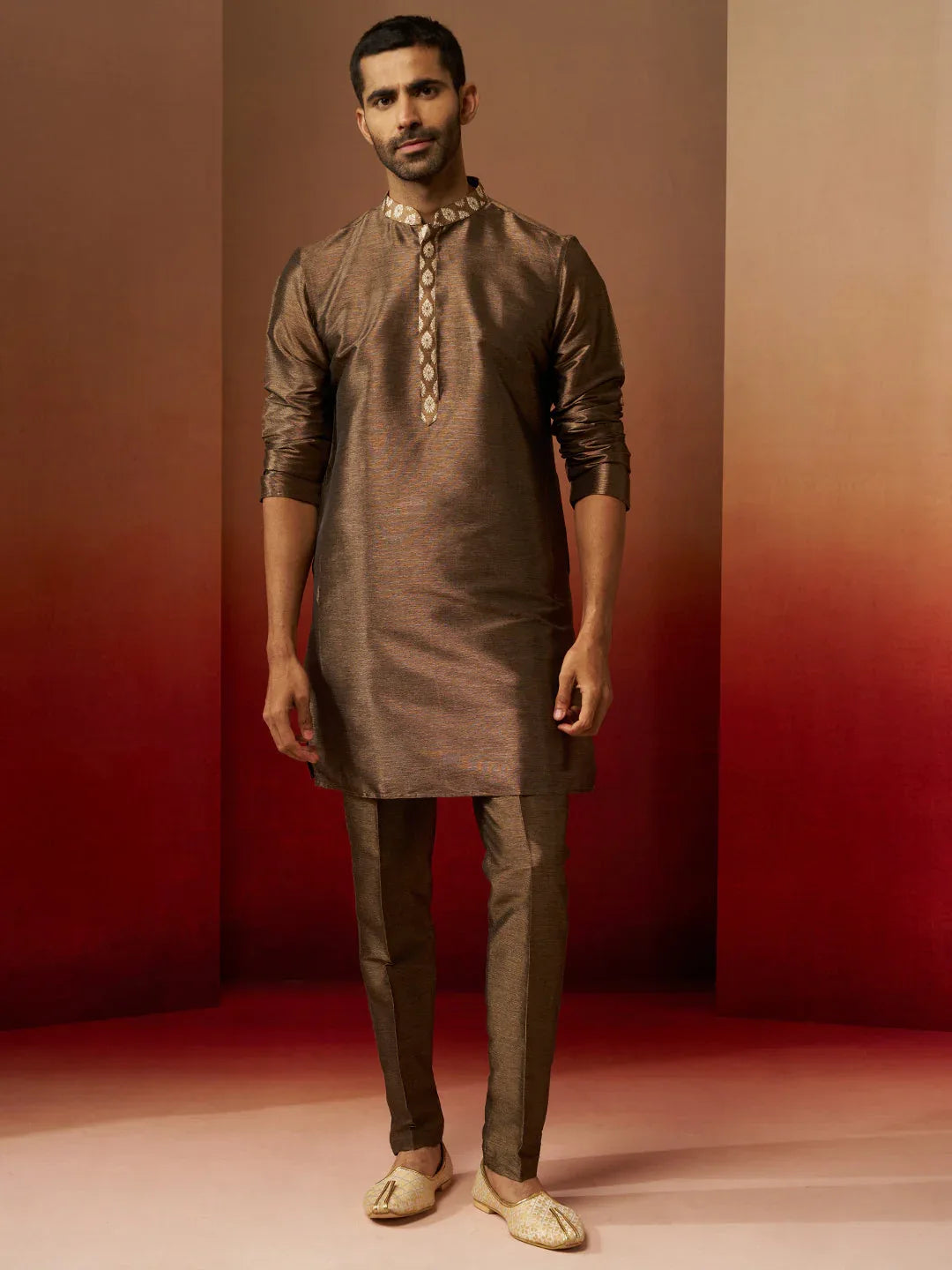 Men Bronze Gold Silk 3-Piece Jacquard Set
