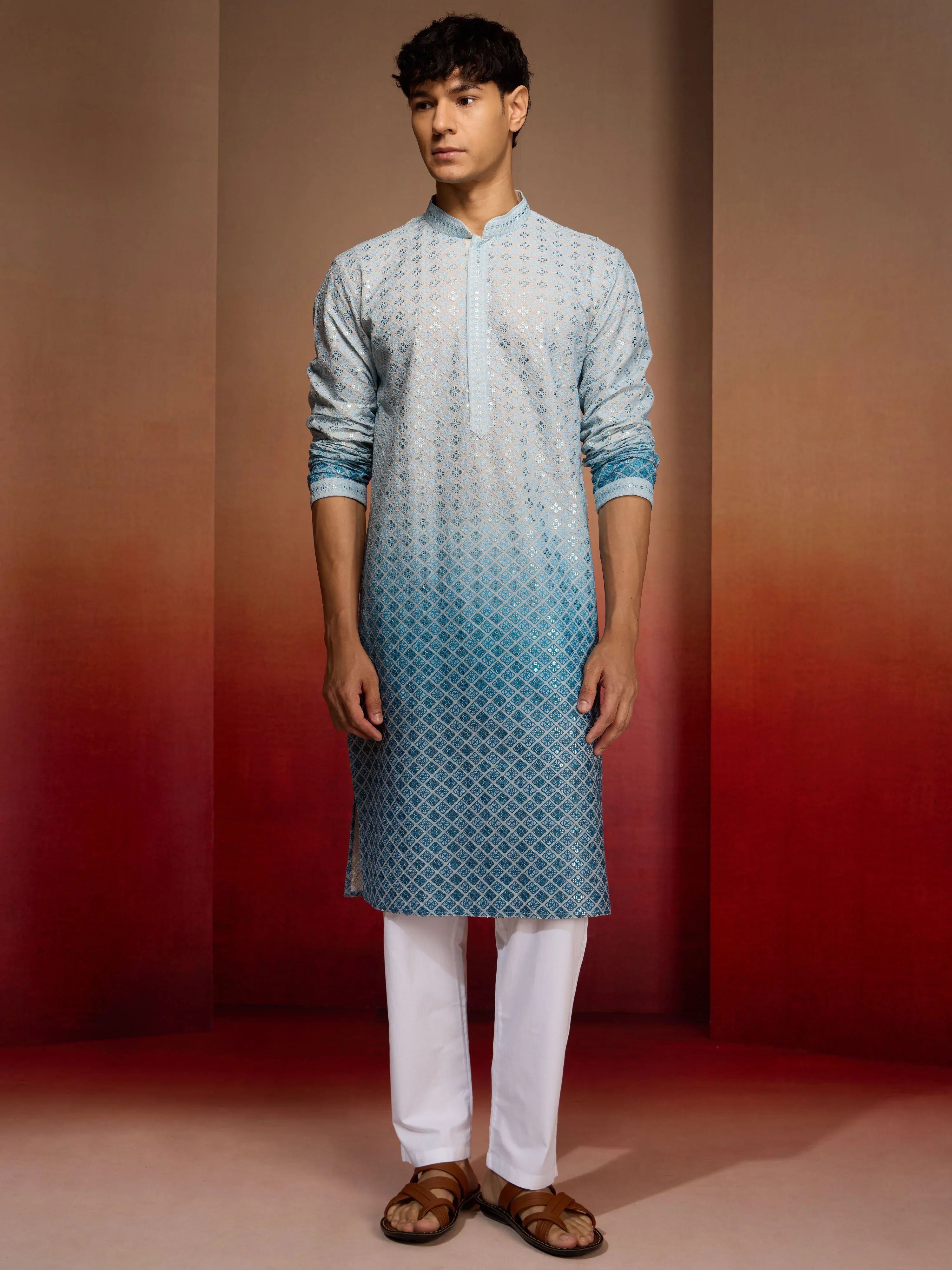 Men's Aqua Cotton Sequin Ombre Kurta with White Trousers