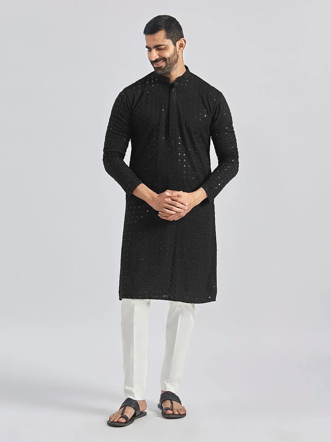Men's Black And White Rayon Cotton Kurta Pyjama Set