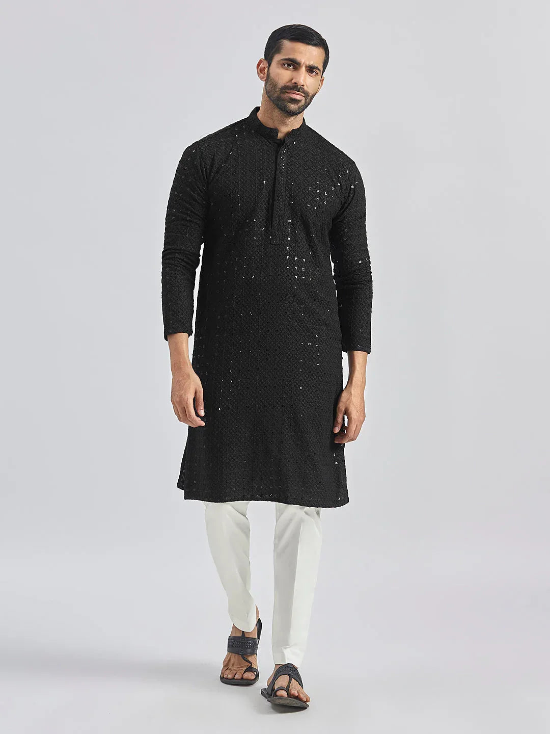 Men's Black And White Rayon Cotton Kurta Pyjama Set
