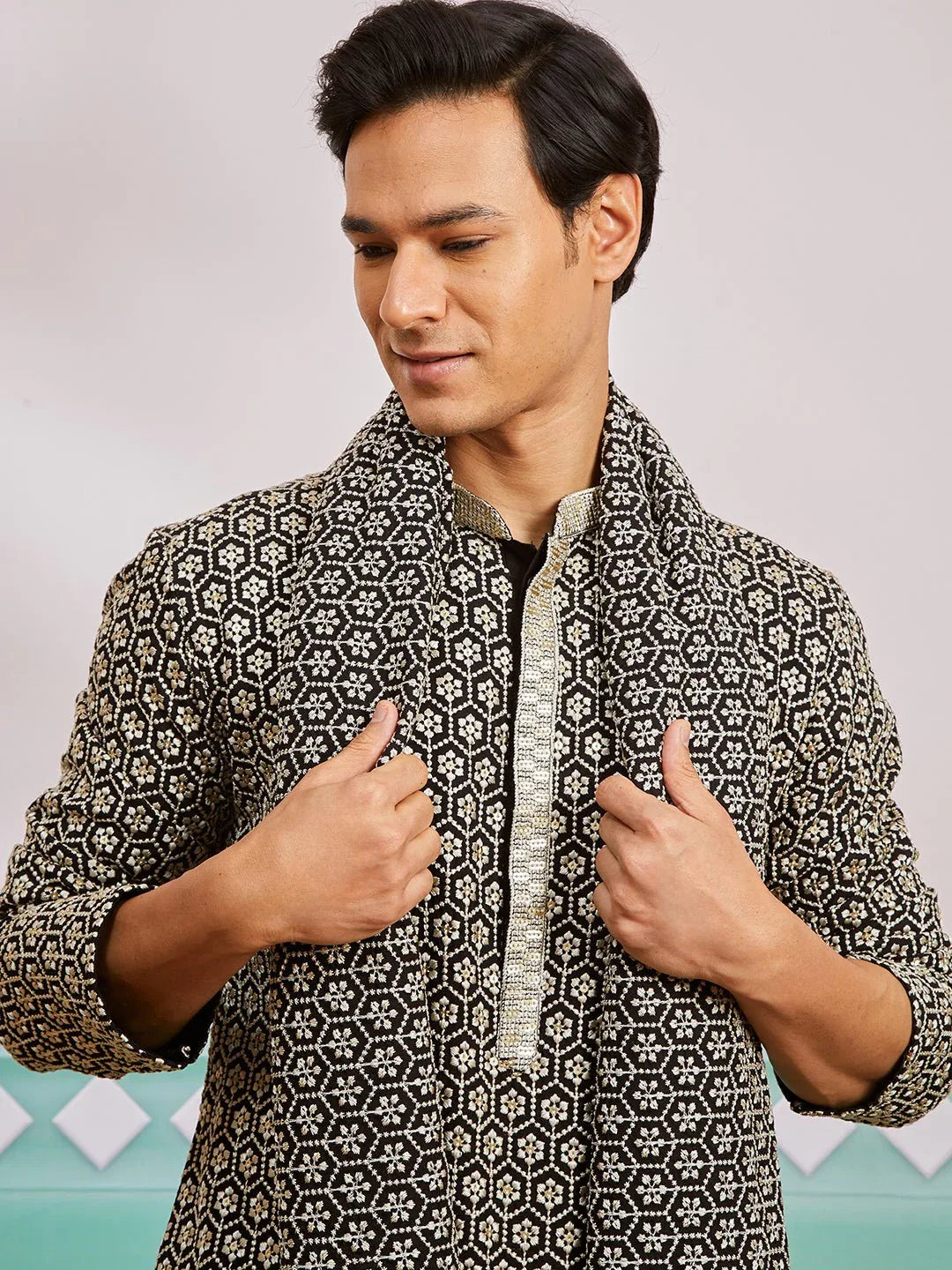 Men's Black Chikankari Embroidered Kurta Set with Cream Satin Pyjama & Black Dupatta