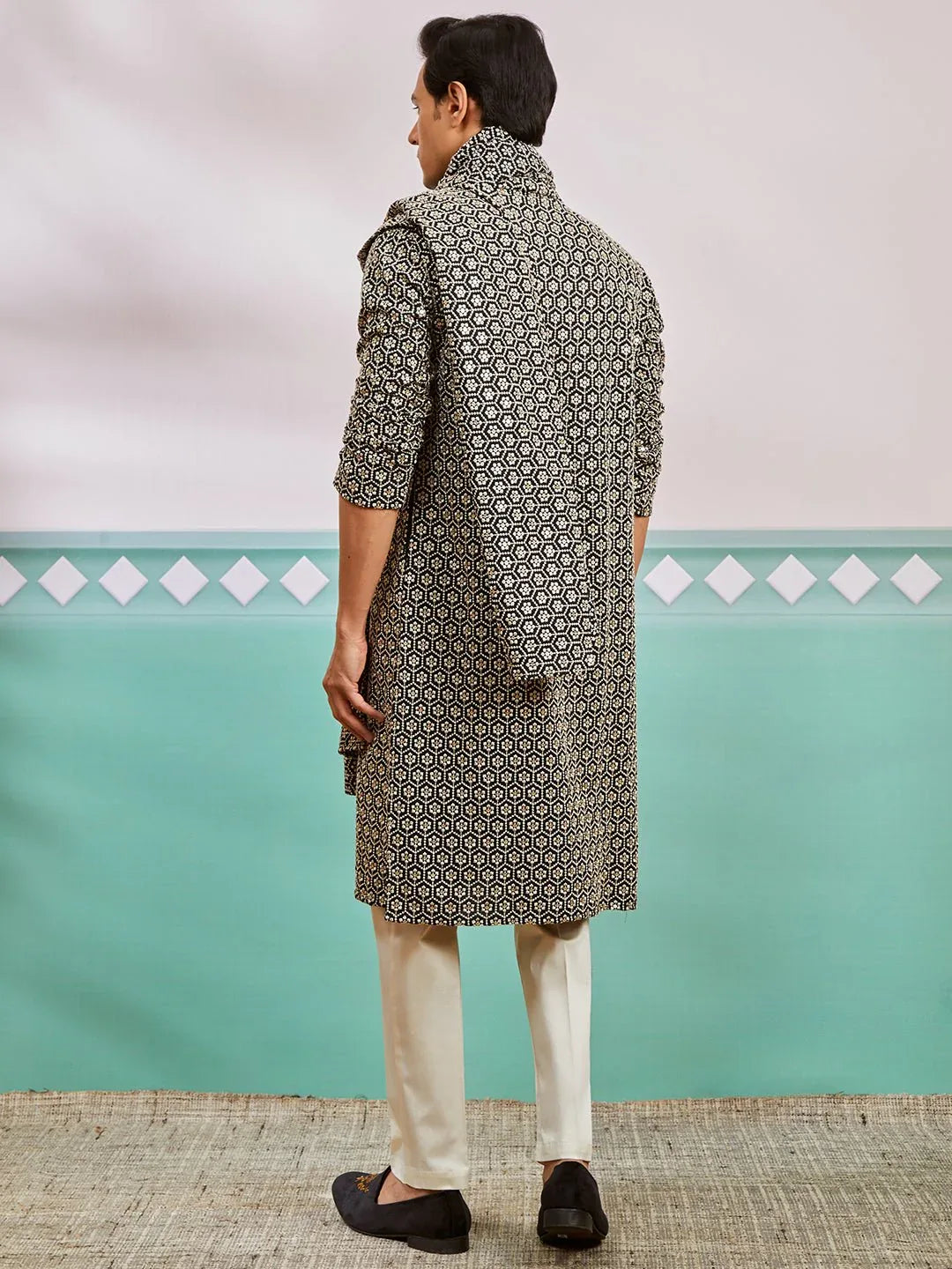 Men's Black Chikankari Embroidered Kurta Set with Cream Satin Pyjama & Black Dupatta