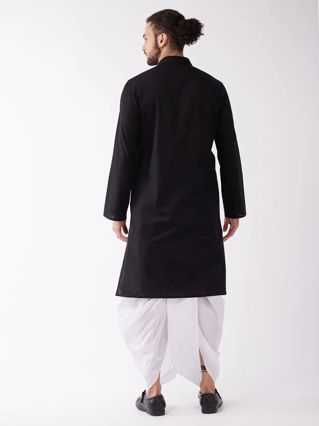 Men's Black Cotton Blend Kurta And White Dhoti Set