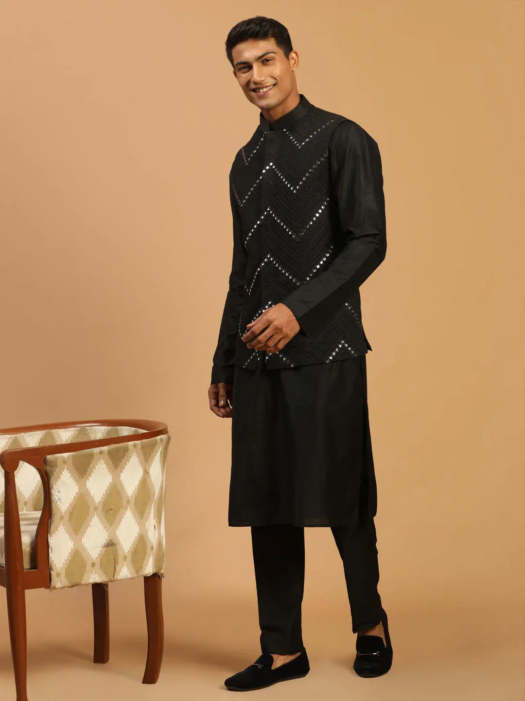 Men's Black Mirror Jacket With Kurta Pyjama Set