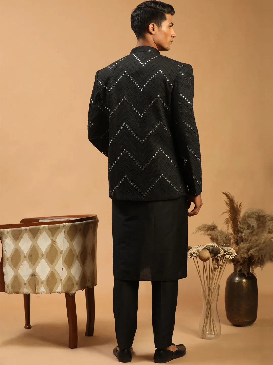 Men's Black Mirror Jodhpuri With Kurta Pant Set