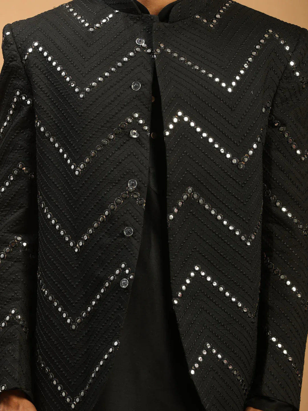 Men's Black Mirror Jodhpuri With Kurta Pant Set