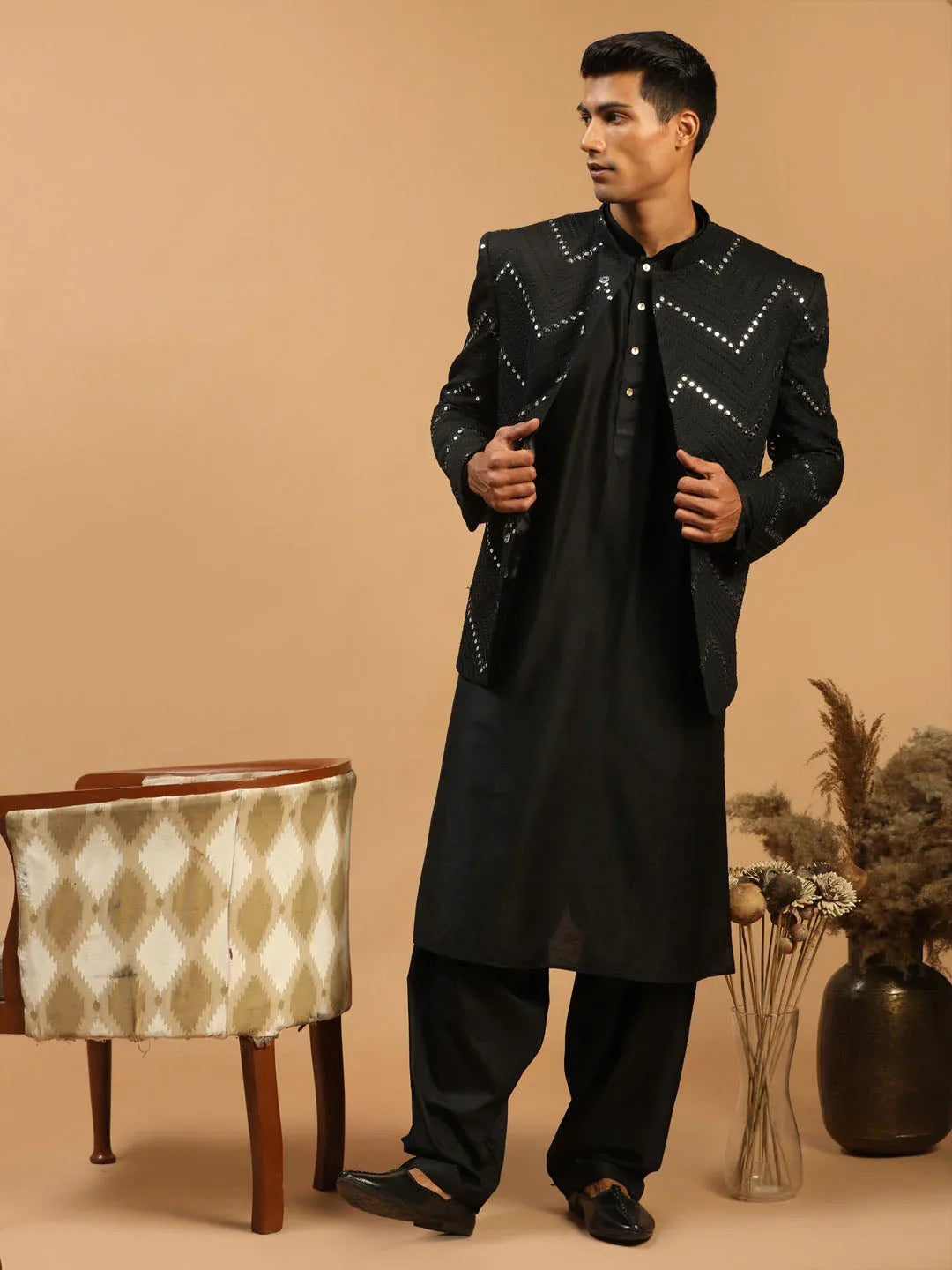 Men's Black Mirror Jodhpuri With Kurta Patiala Set