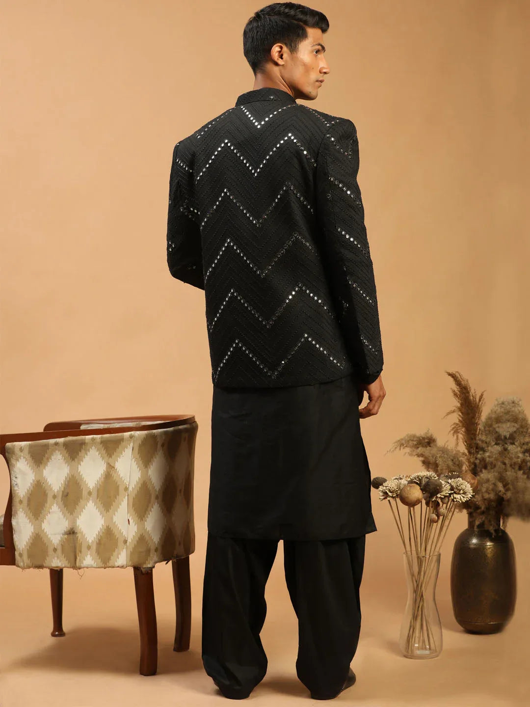 Men's Black Mirror Jodhpuri With Kurta Patiala Set