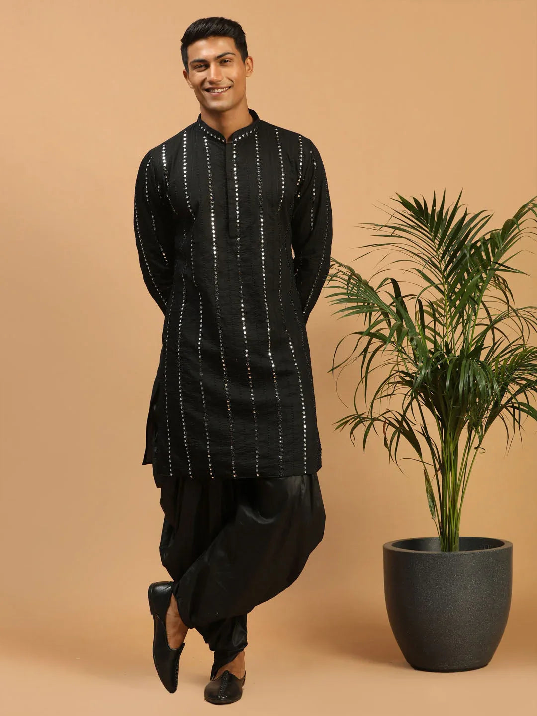 Men's Black Mirror Kurta Dhoti Set