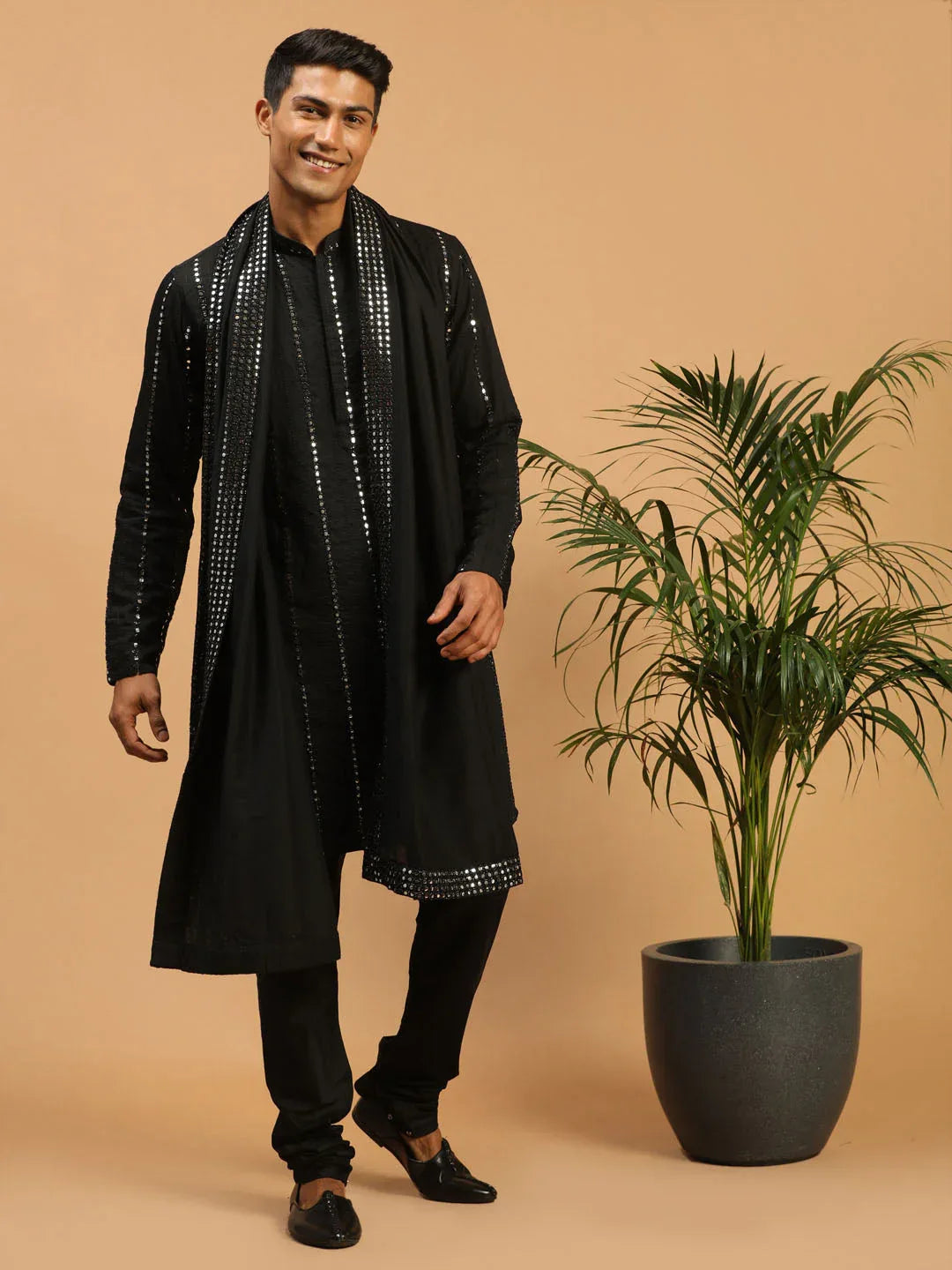 Men's Black Mirror Kurta Pyjama And Dupatta Set