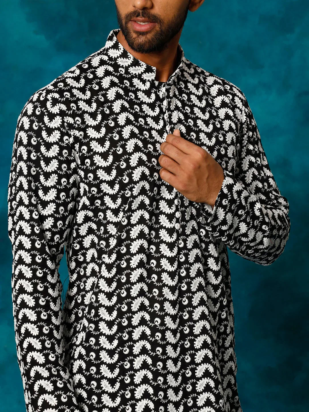 Men's Black Pure Cotton Chikankari Kurta Pyjama Set