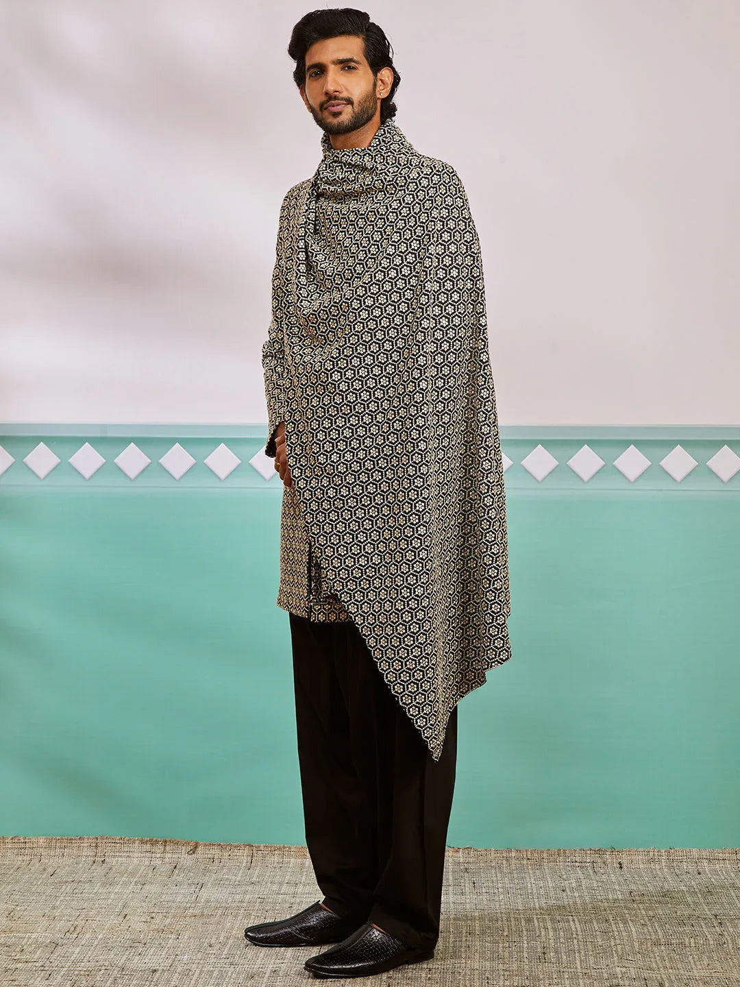 Men's Black Rayon Indo Western,Patiala And Dupatta Set