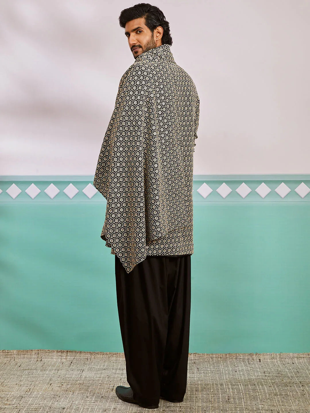 Men's Black Rayon Indo Western,Patiala And Dupatta Set