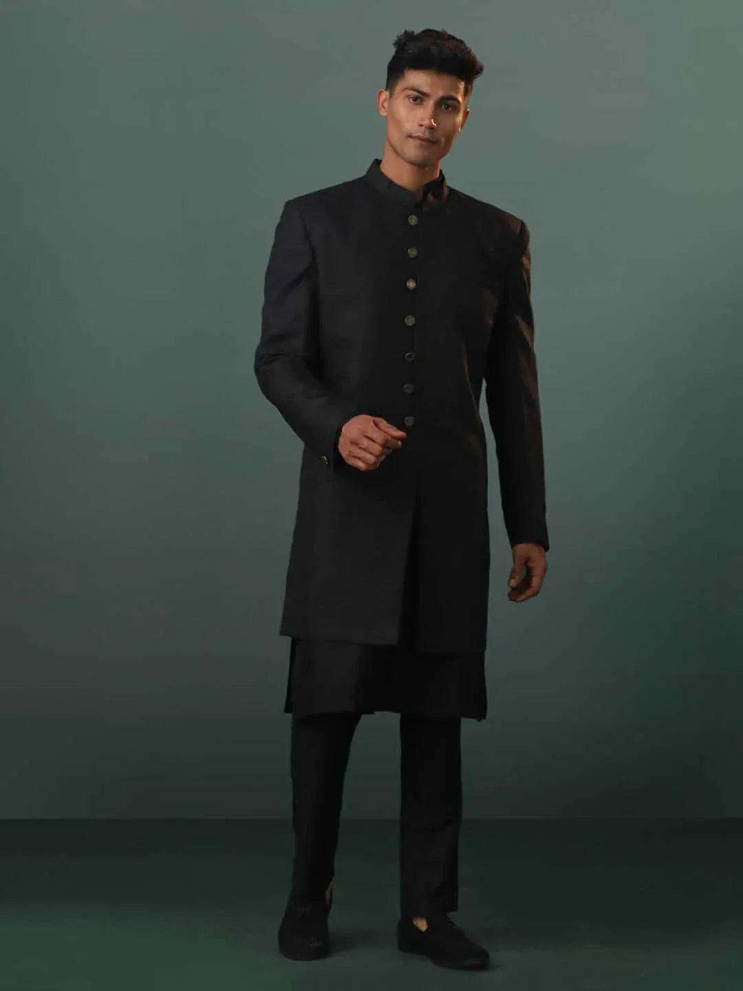 Men's Black Sherwani With Kurta Pant Set