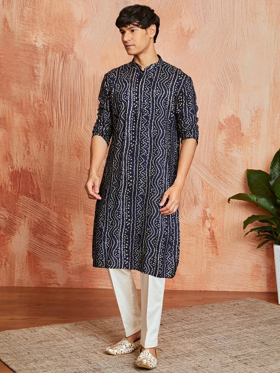Men's Blue Foil Bandhani Digital Print Rayon Kurta with Cream Viscose Pyjama