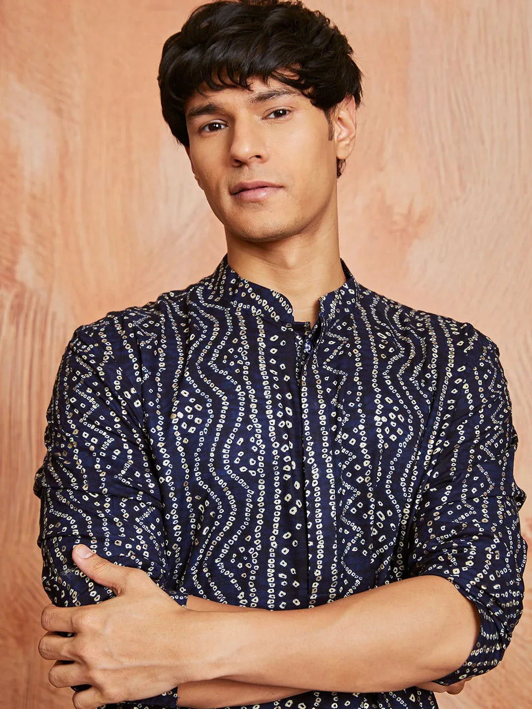 Men's Blue Foil Bandhani Digital Print Rayon Kurta with Cream Viscose Pyjama