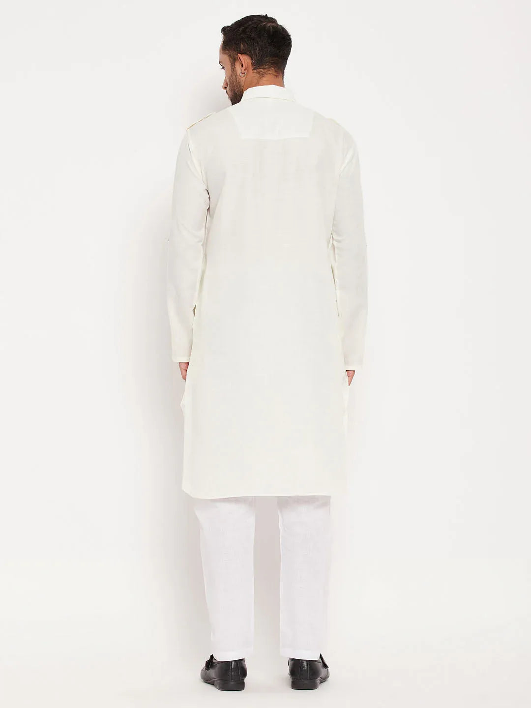 Men's Cream And White Cotton Blend Pathani Suit Set
