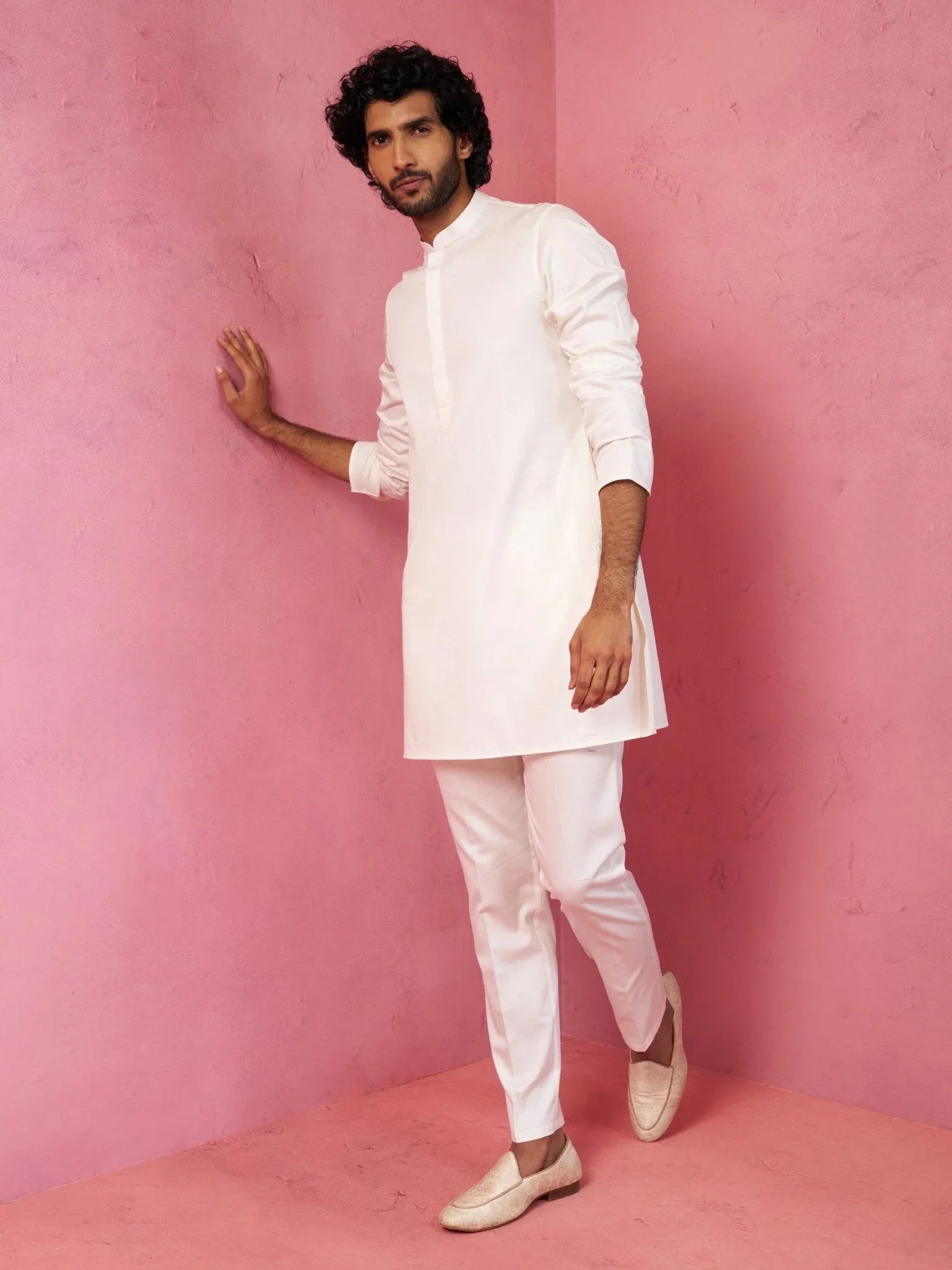 Men's Cream Fine Satin Kurta Set with Matching Pant