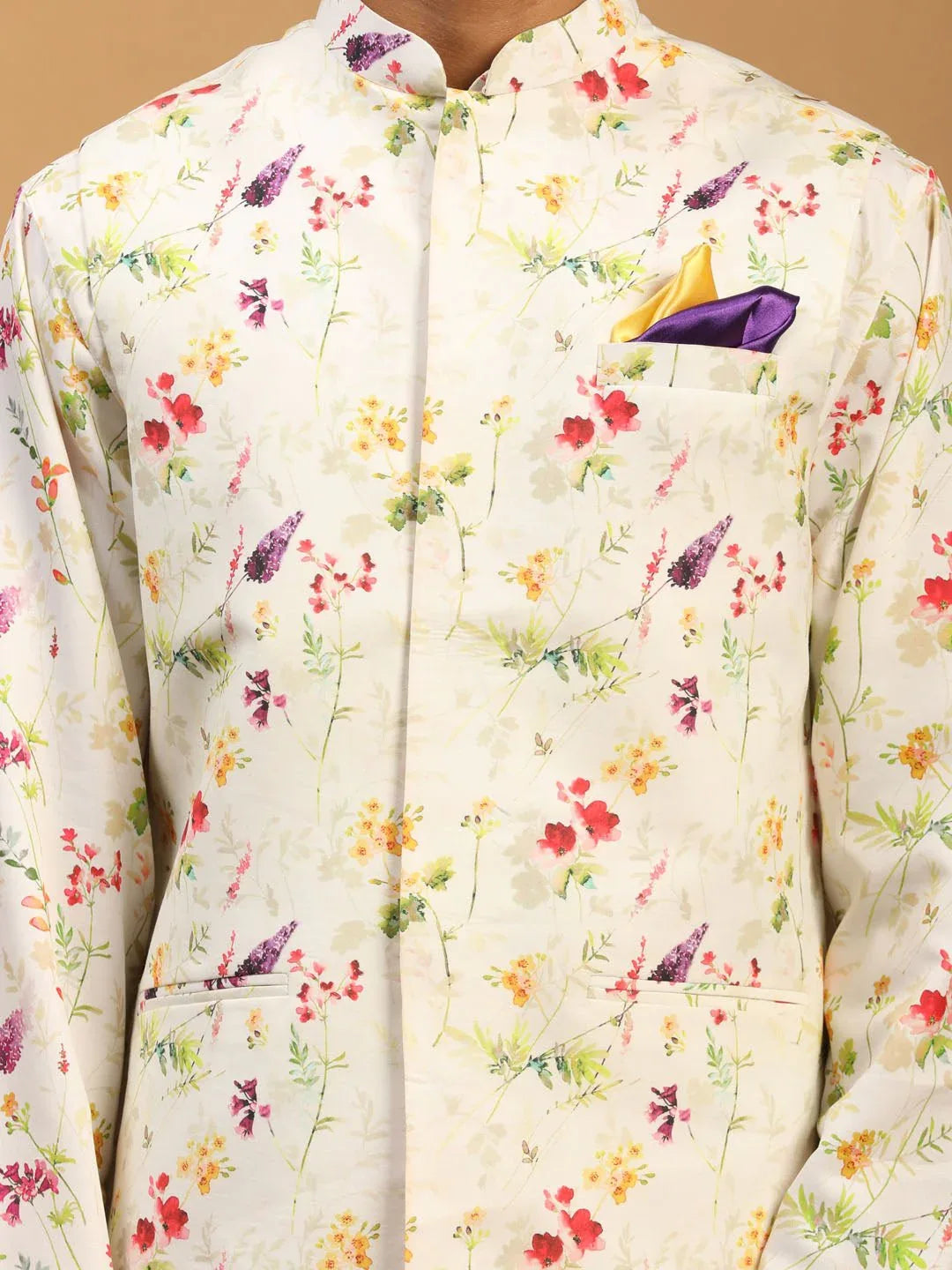 Men's Cream Floral Digital Print Nehru Jacket Kurta Pyjama Set