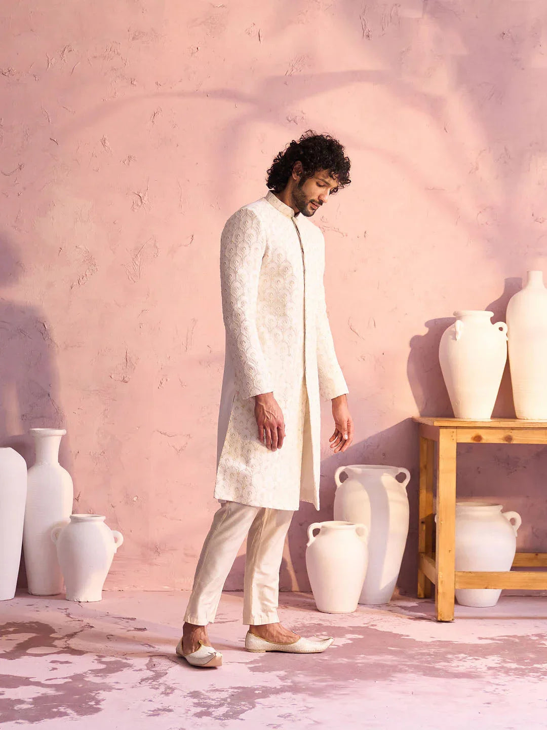 Men's Cream Georgette Embellished Indo Western Set