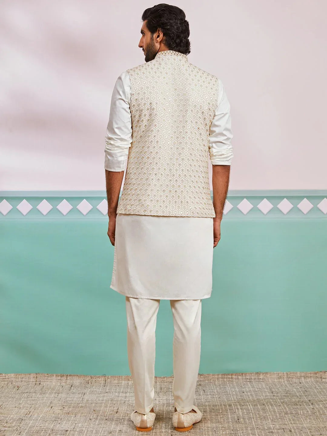 Men's Cream Kurta Pyjama Set with Off White Embroidered Nehru Jacket
