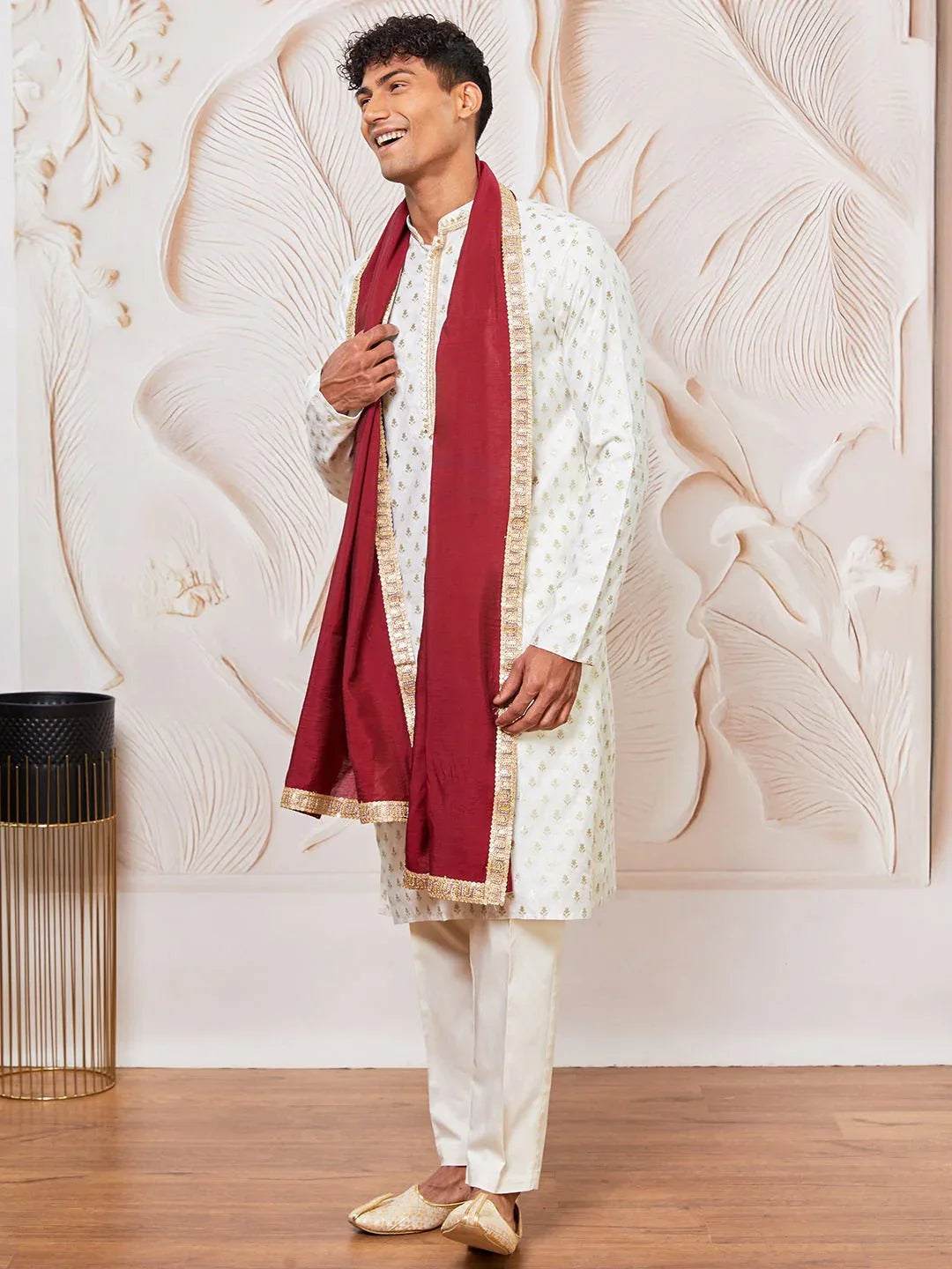 Men's Cream Kurta Pyjama with Embroidered Maroon Dupatta Set