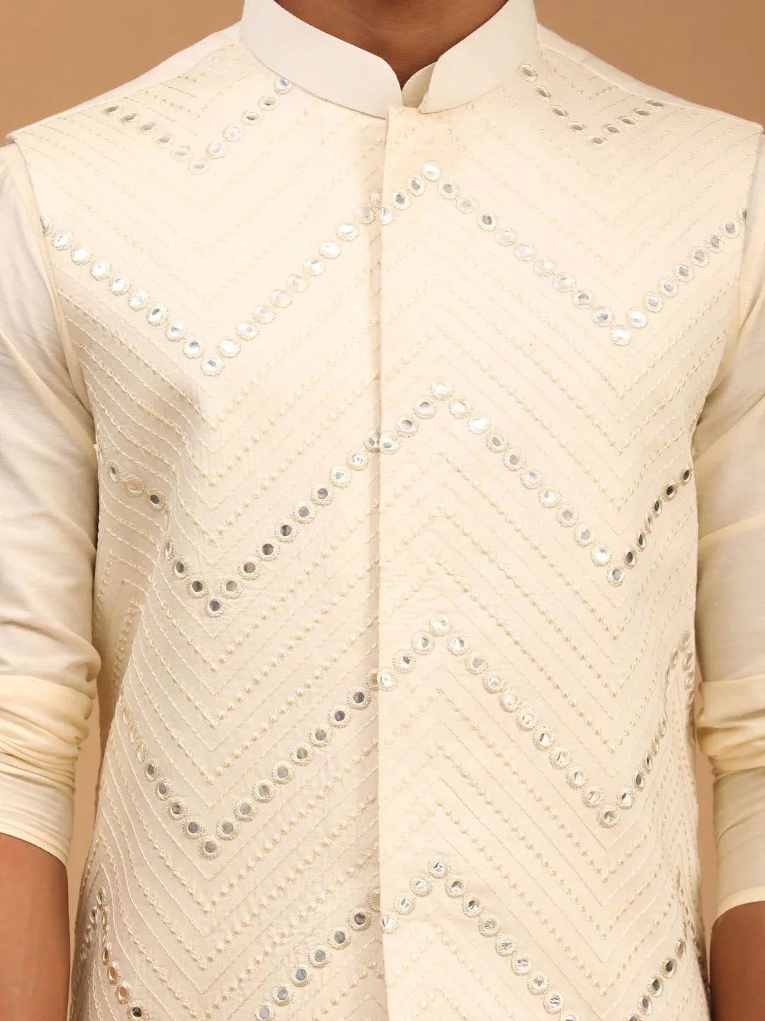 Men's Cream Mirror Jacket With Kurta Pyjama Set