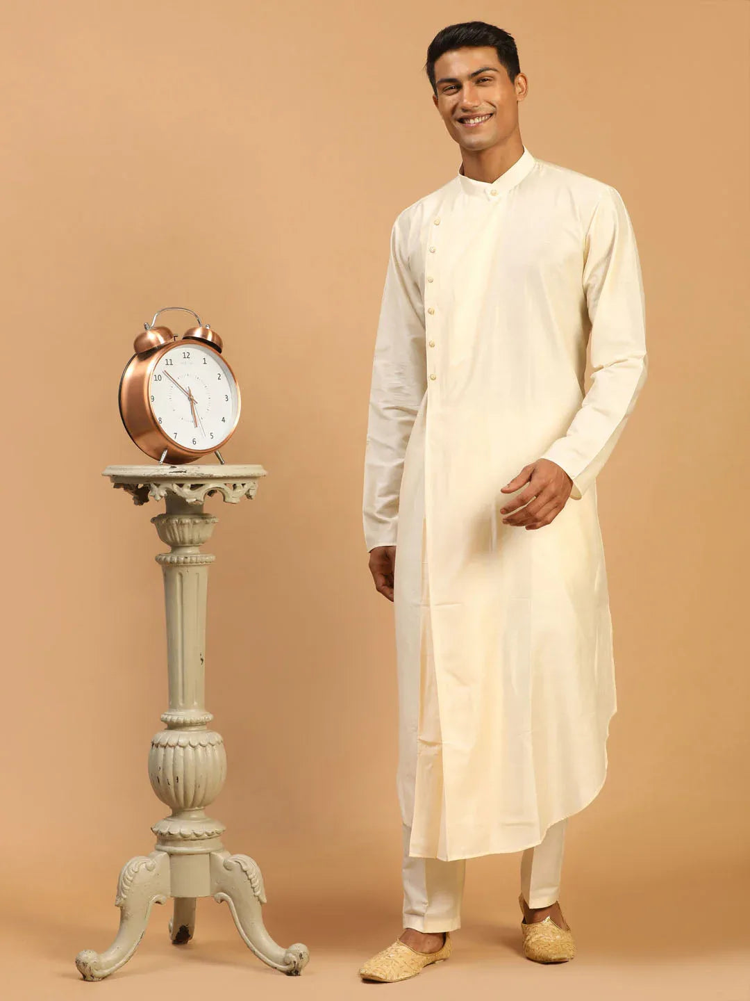 Men's Cream Pleated Kurta With Cream Pant Style Pyjama Set