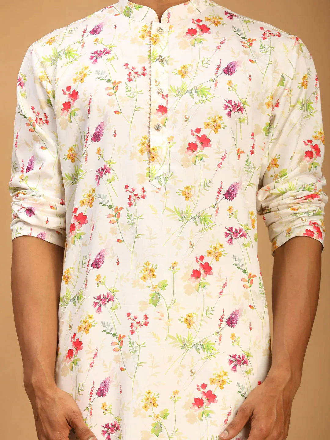 Men's Cream Printed Cotton Blend Kurta And Printed Matching Pant Set