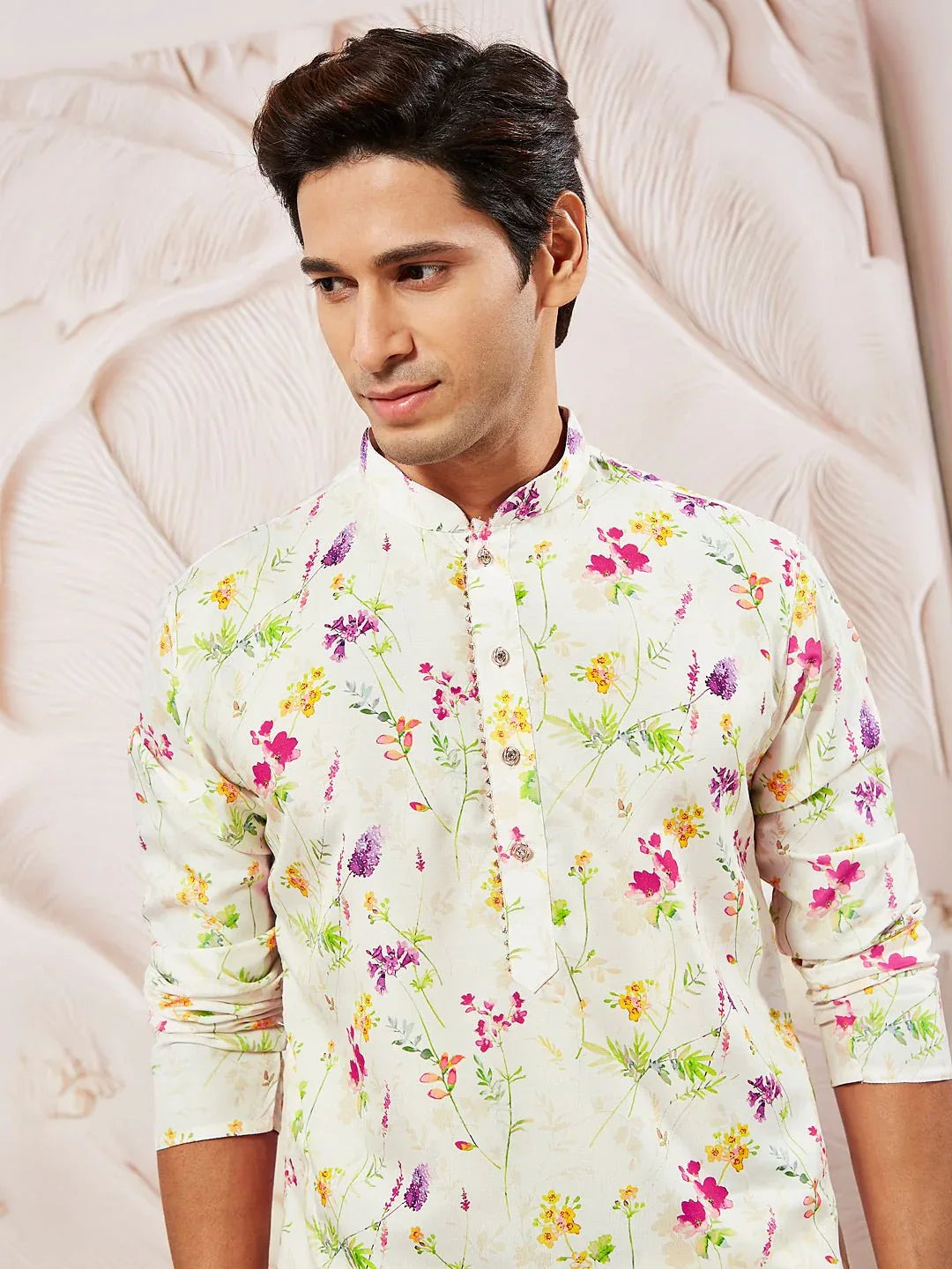 Men's Cream Printed Kurta Pyjama Set