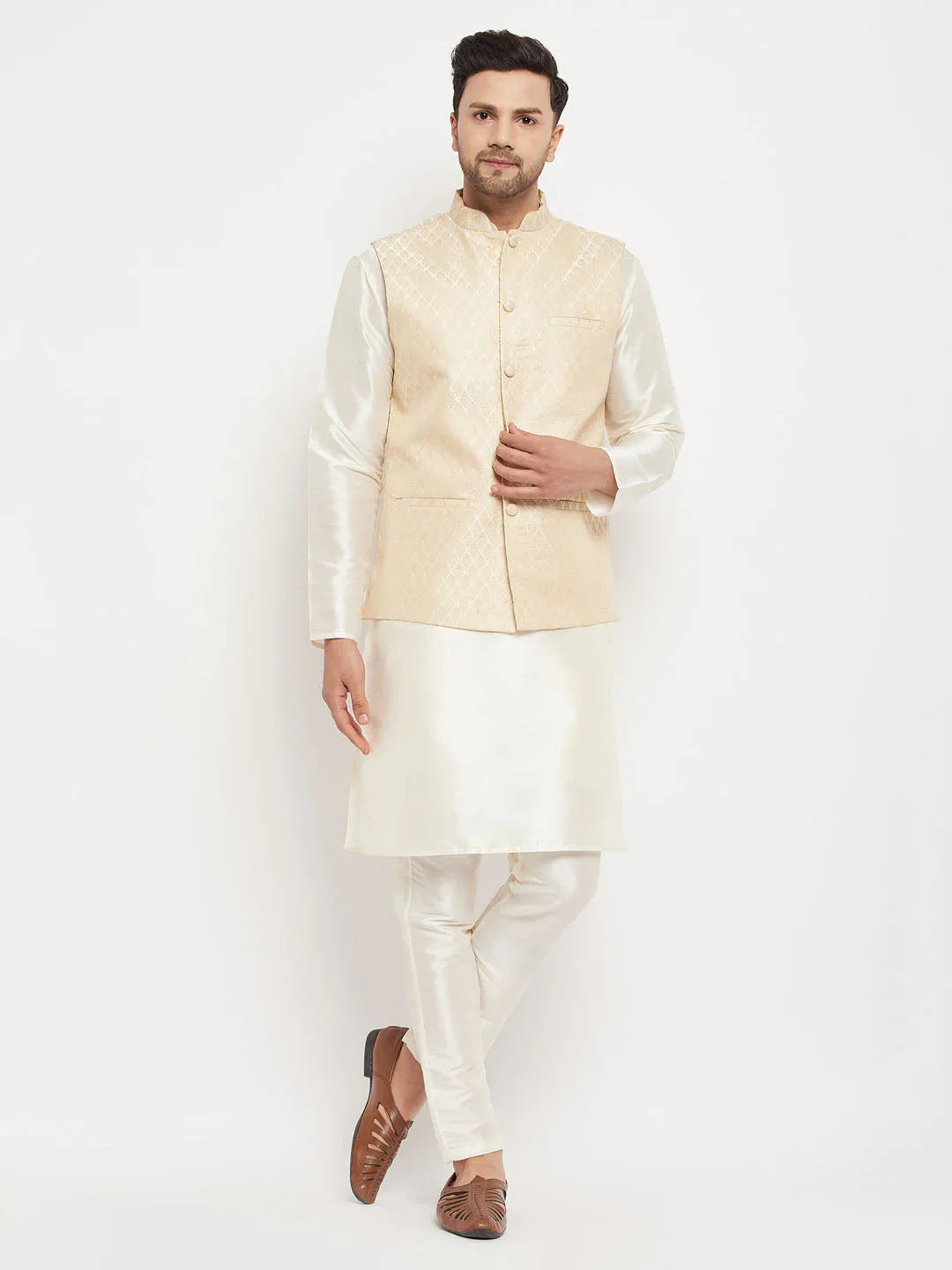 Men's Cream Silk Blend Jacket With Kurta Pant Set