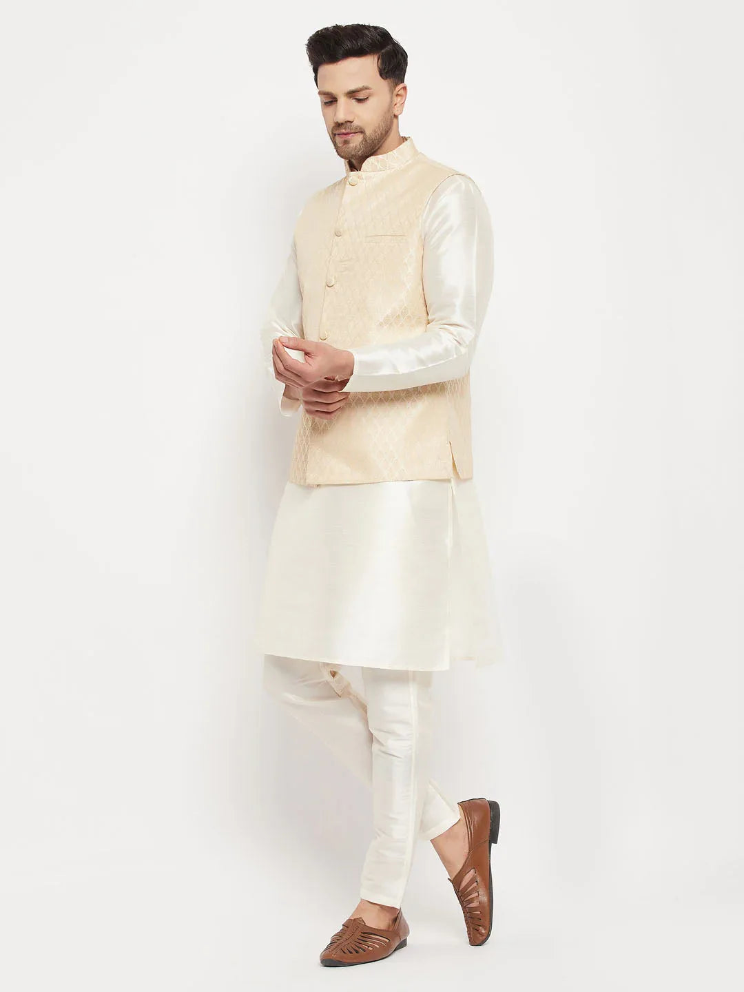 Men's Cream Silk Blend Jacket With Kurta Pant Set