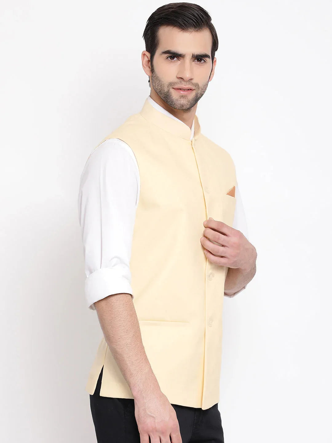 Men's Cream Solid Classic Royal Cotton Blend Nehru Jacket