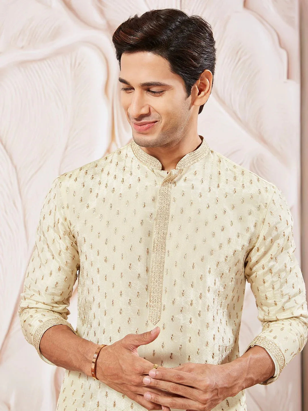 Men's Cream Tissue Silk Zari Embroidered Kurta with Satin Pyjama Set