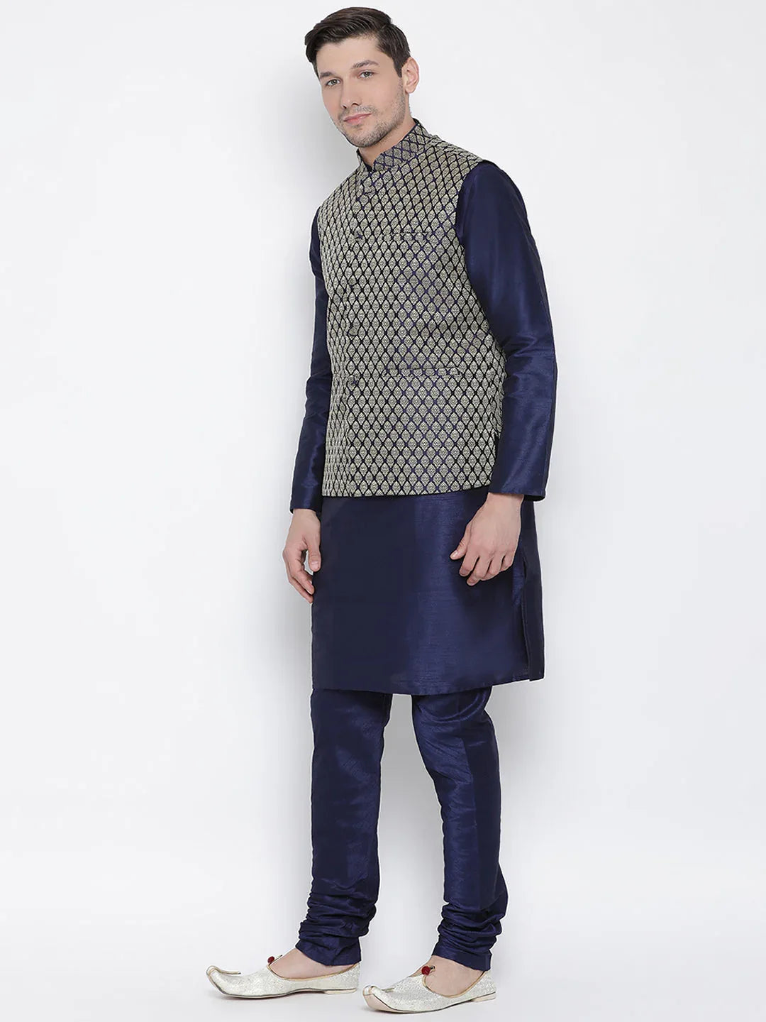 Men's Dark Blue Cotton Silk Blend Kurta, Ethnic Jacket Style Pyjama Set