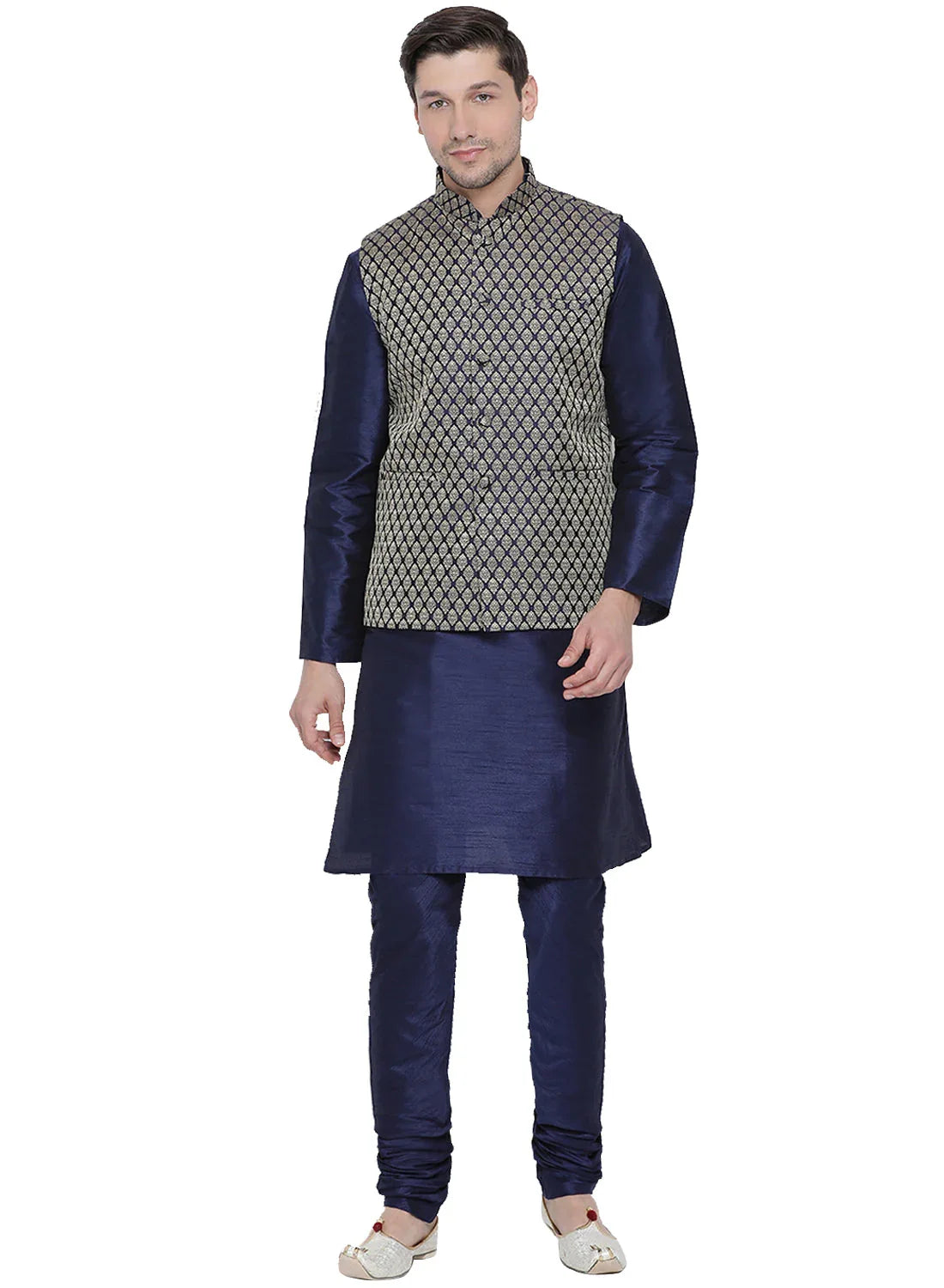 Men's Dark Blue Cotton Silk Blend Kurta, Ethnic Jacket Style Pyjama Set