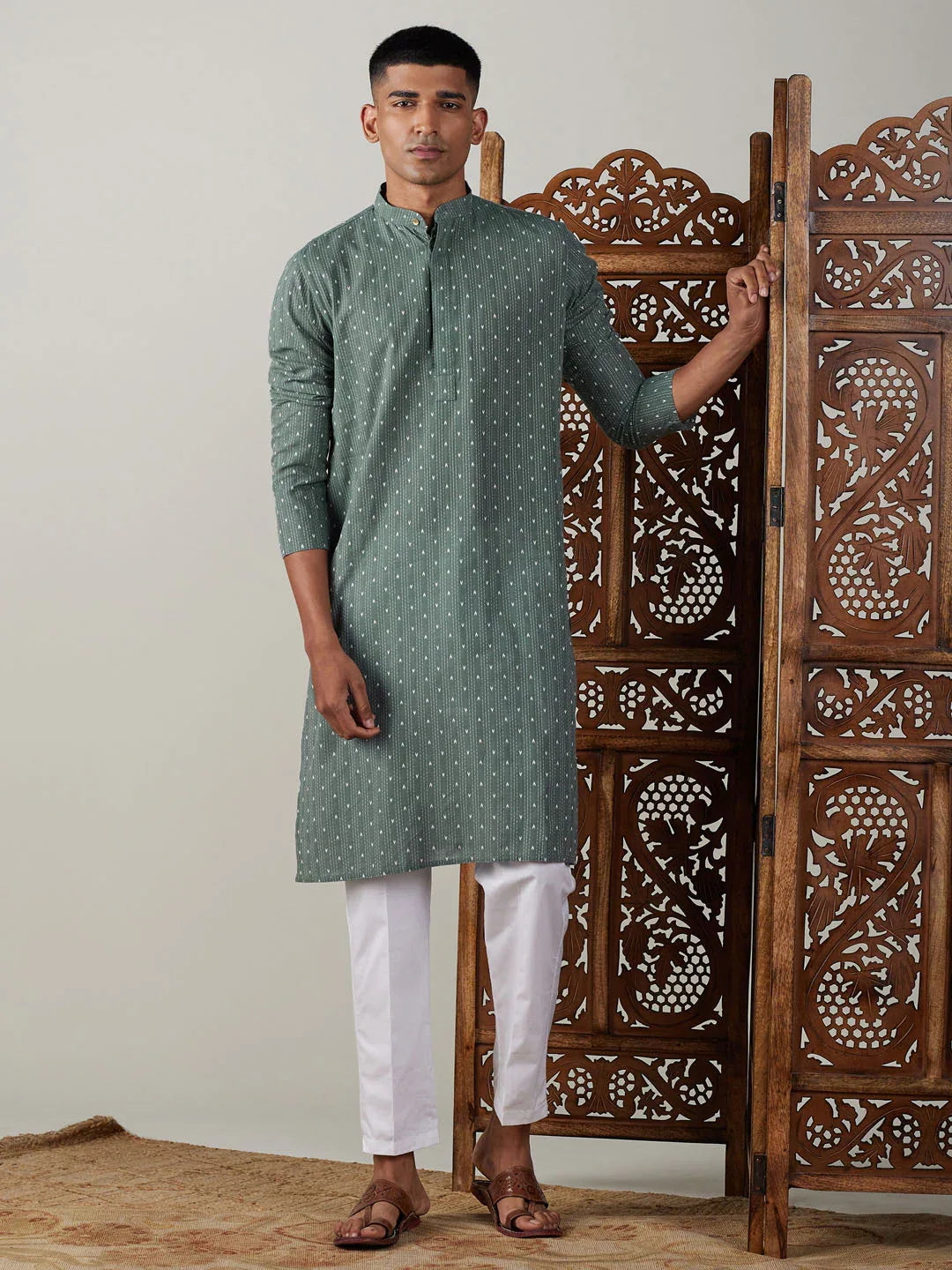 Men's Green Cotton Jacquard Kurta With White Pant Set