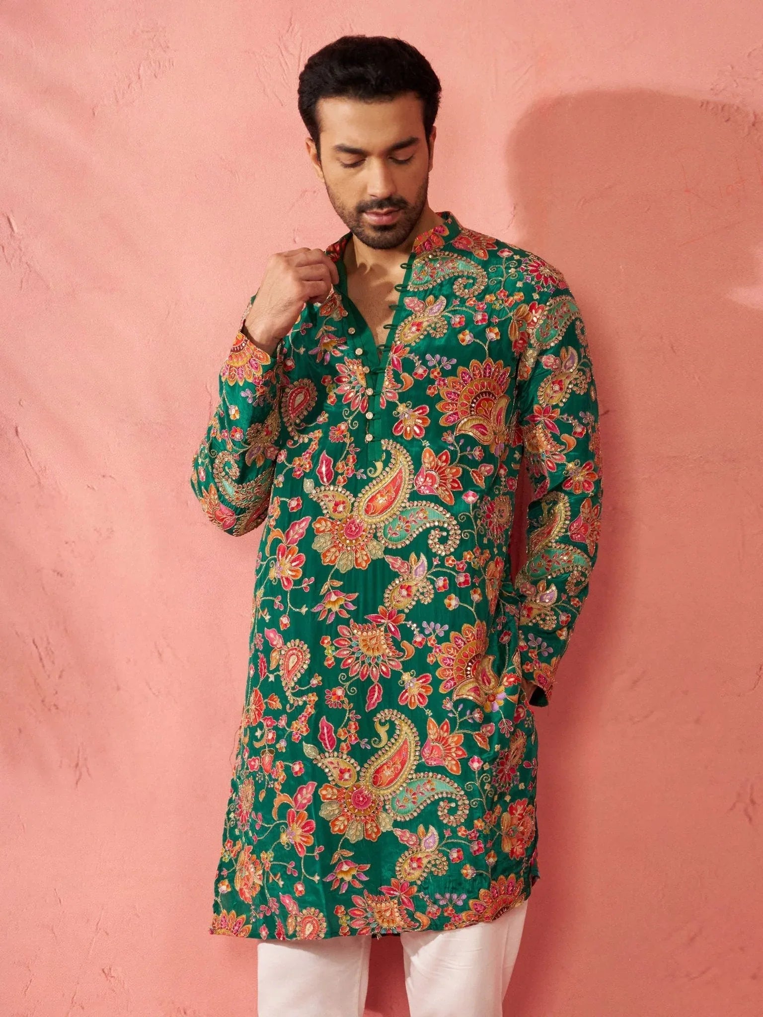 Men’s Green Crepe Zari Embroidered Mandarin Collar Kurta with Digital Floral Print