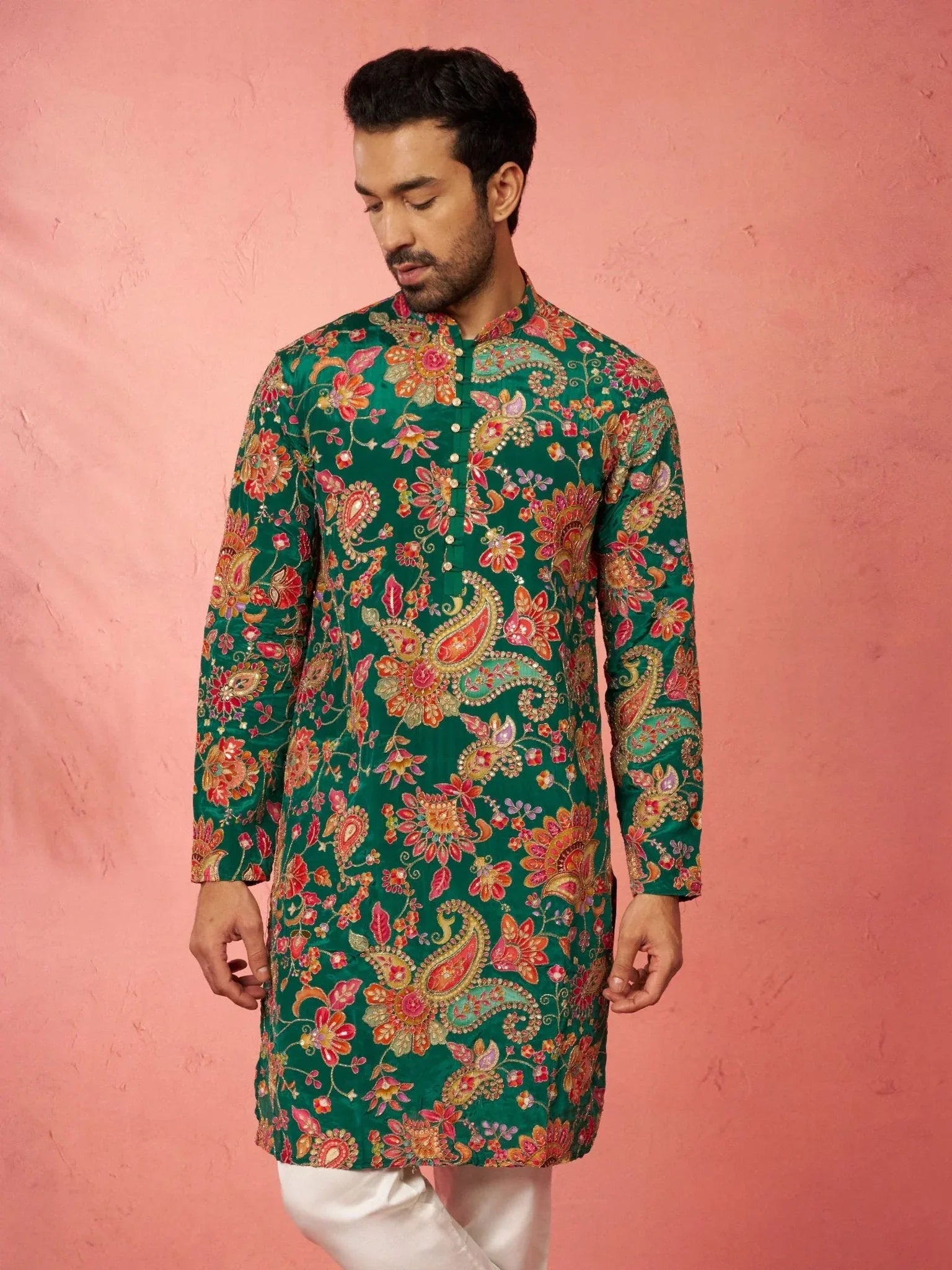 Men’s Green Crepe Zari Embroidered Mandarin Collar Kurta with Digital Floral Print