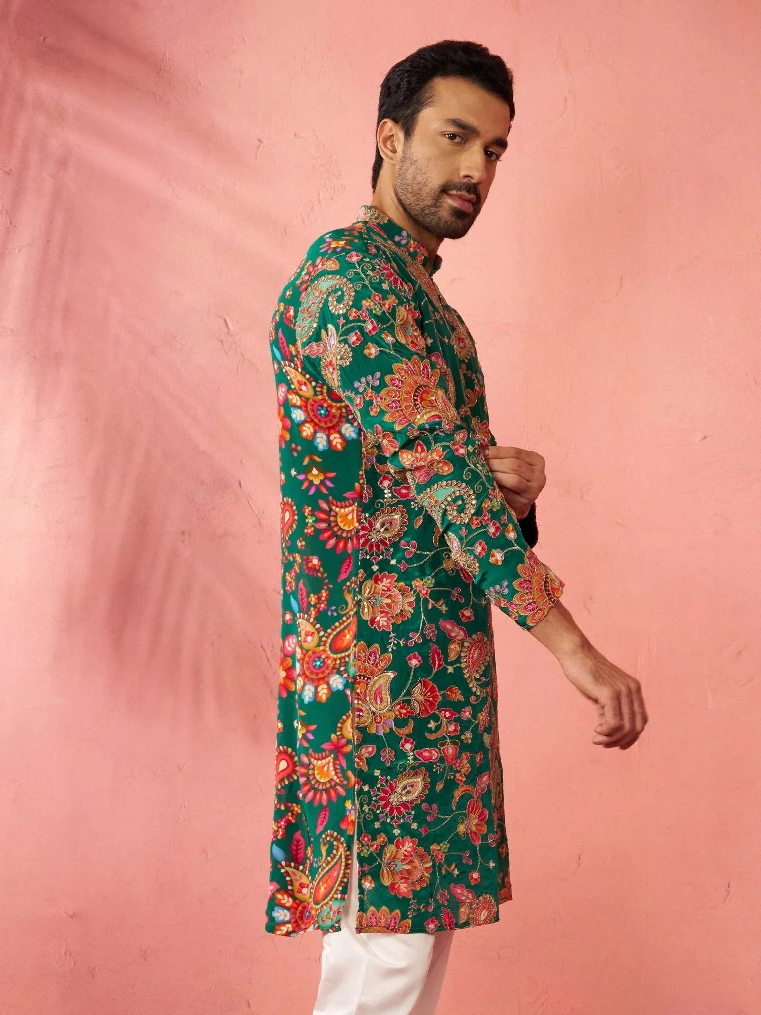 Men’s Green Crepe Zari Embroidered Mandarin Collar Kurta with Digital Floral Print