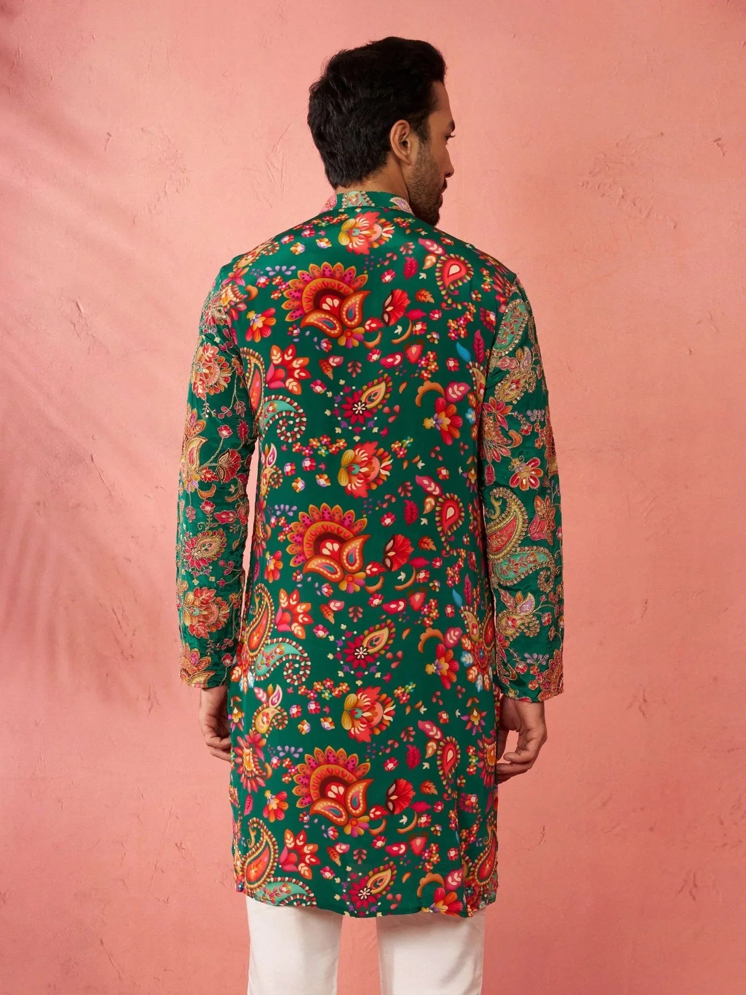 Men’s Green Crepe Zari Embroidered Mandarin Collar Kurta with Digital Floral Print