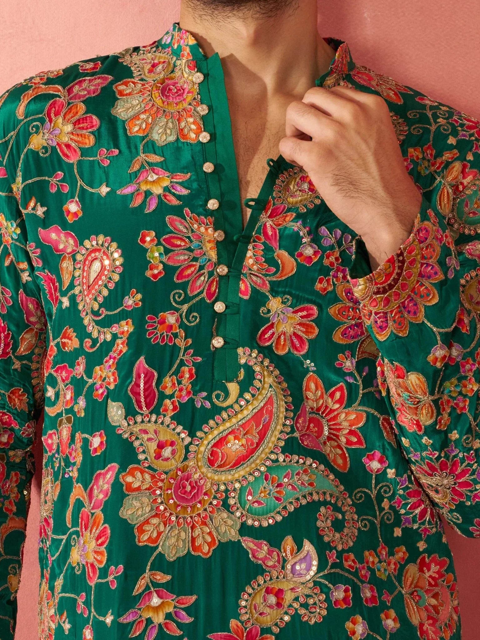 Men’s Green Crepe Zari Embroidered Mandarin Collar Kurta with Digital Floral Print