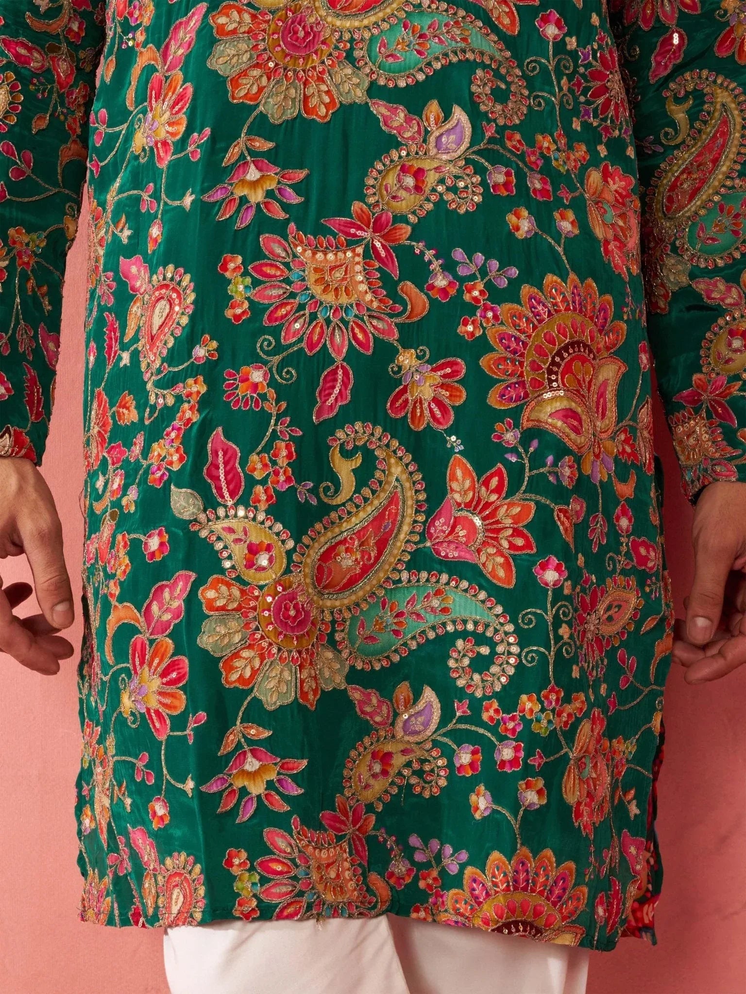 Men’s Green Crepe Zari Embroidered Mandarin Collar Kurta with Digital Floral Print