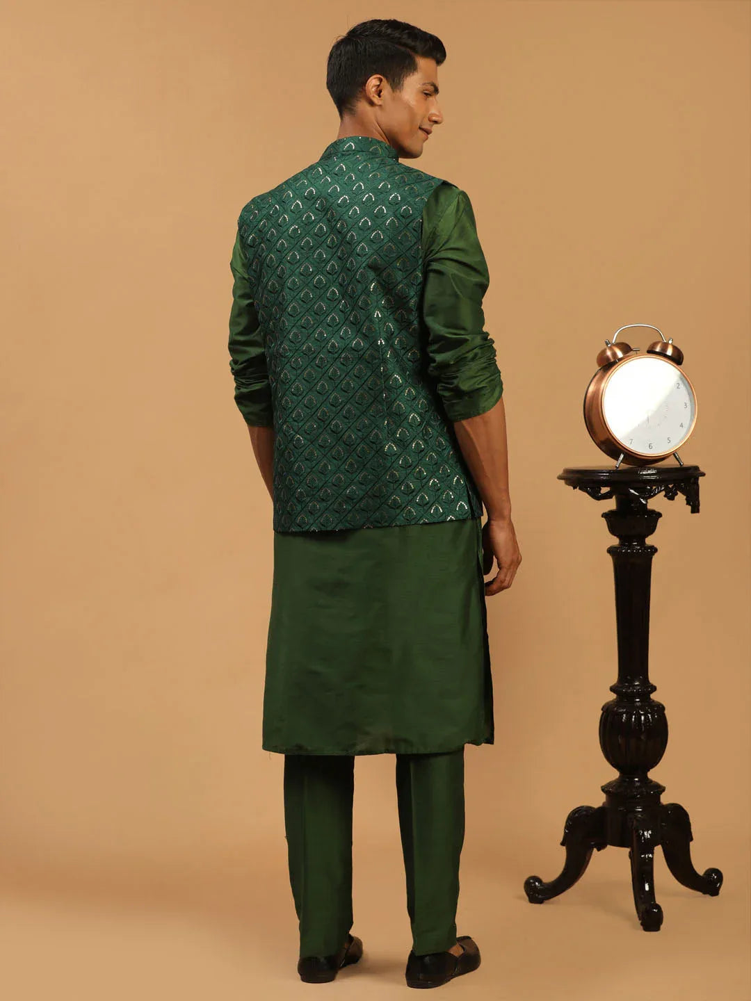 Men's Green Embellished Jacket And Green Kurta And Pant Set